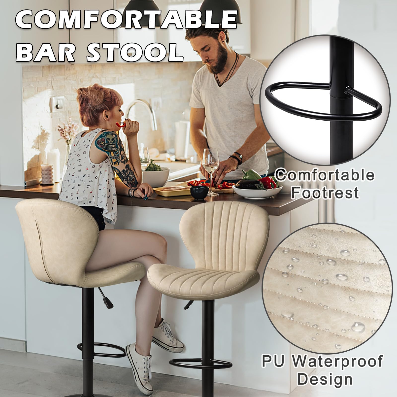 PUKAMI 2-Pack Adjustable Swivel Bar Stools with Backrest & Footrest - Modern Faux Leather Counter Height Bar Chairs for Kitchen, Dining Room, Home Bar - Comfortable & Stylish Seating for Entertaining (Beige)