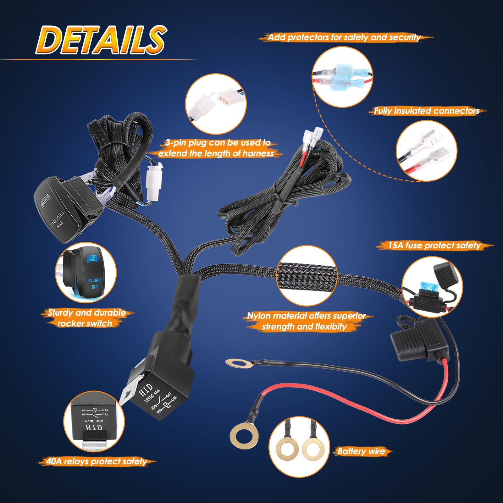 Roador LED Light Bar Wiring Harness Kit - 12V 40A Relay Fuse with Rocker Switch for Fog Lights, Off-Road Driving & Work Lights - Nylon Wire Kit for Trucks, Pickups, UTVs, ATVs & Boats - Perfect for Night Off-Roading, Work Sites & Marine Applications