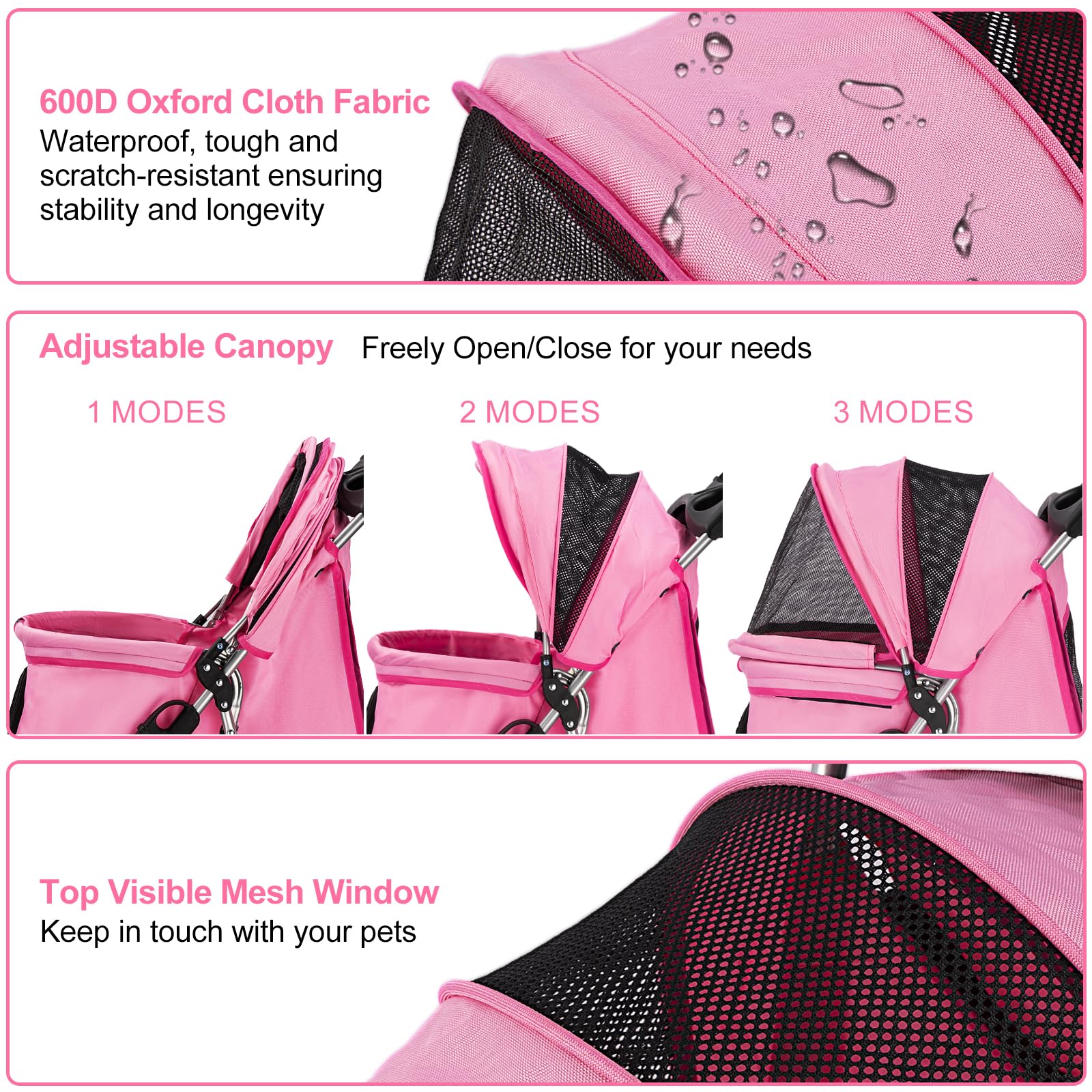 Foldable Lightweight Pet Stroller for Small & Medium Dogs & Cats - 4-Wheel Pink Dog Carrier with Storage Basket | Perfect for Park Walks, Vet Visits & Shopping Trips