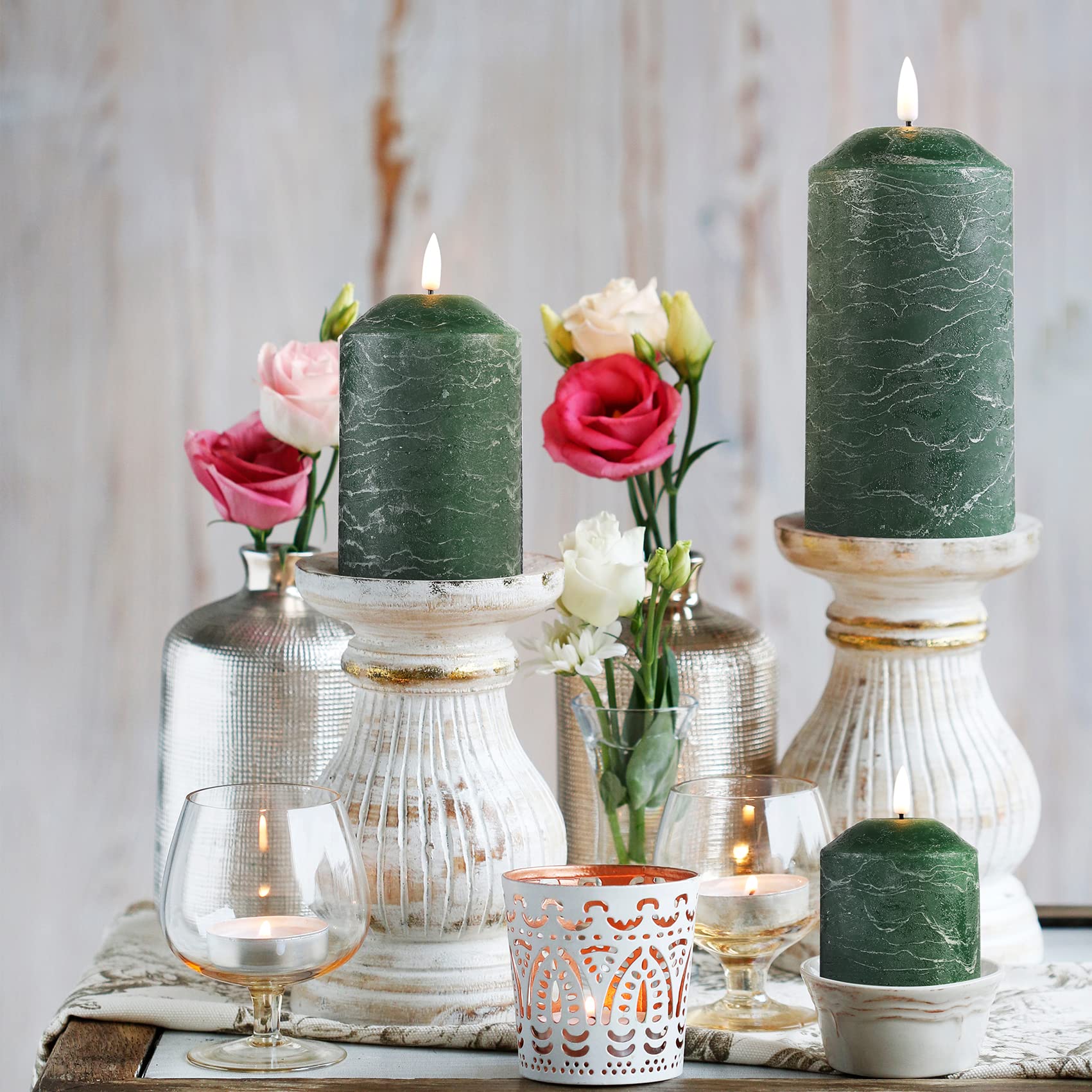 Dark Green Flameless LED Pillar Candles with Remote - Set of 3 Realistic Flickering Battery Operated Candles for Home Decor, Weddings & Romantic Ambiance