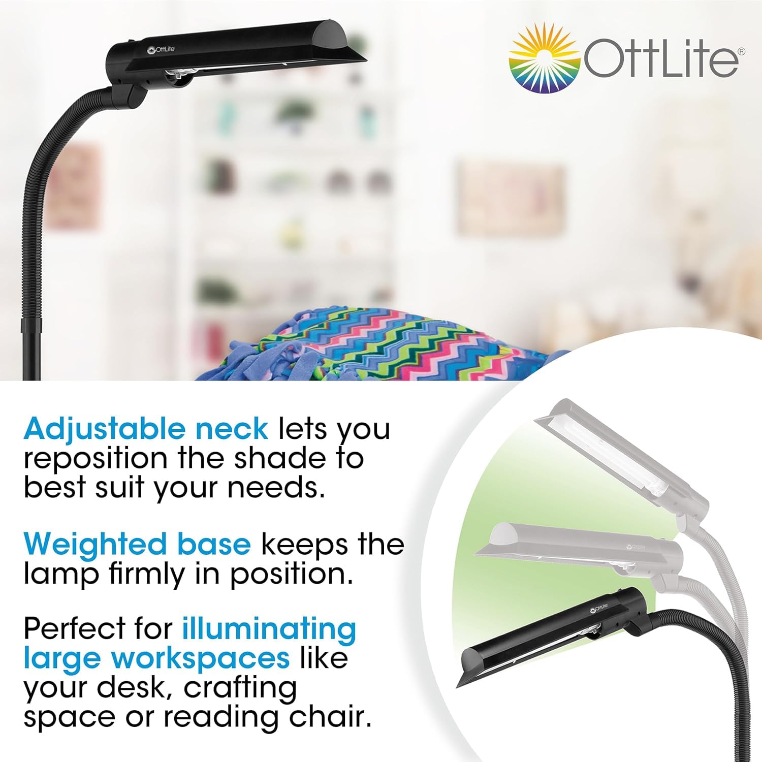 OttLite 18W Adjustable Floor Lamp with WingShade - Bright LED Task Lighting for Crafts, Sewing, Reading, Office & Living Room - Perfect for Hobbies, Work & Relaxation