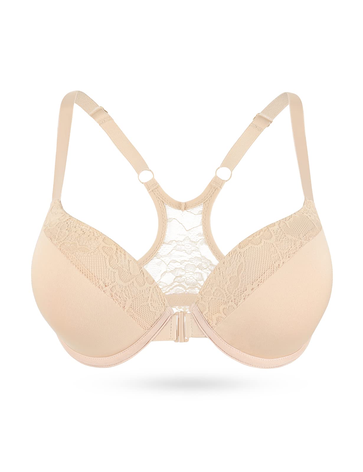 Push Up Front Closure Underwire Bra - Racerback Sports Bra Adds 2 Cup Sizes | Comfortable Support for Workouts, Yoga & Everyday Wear