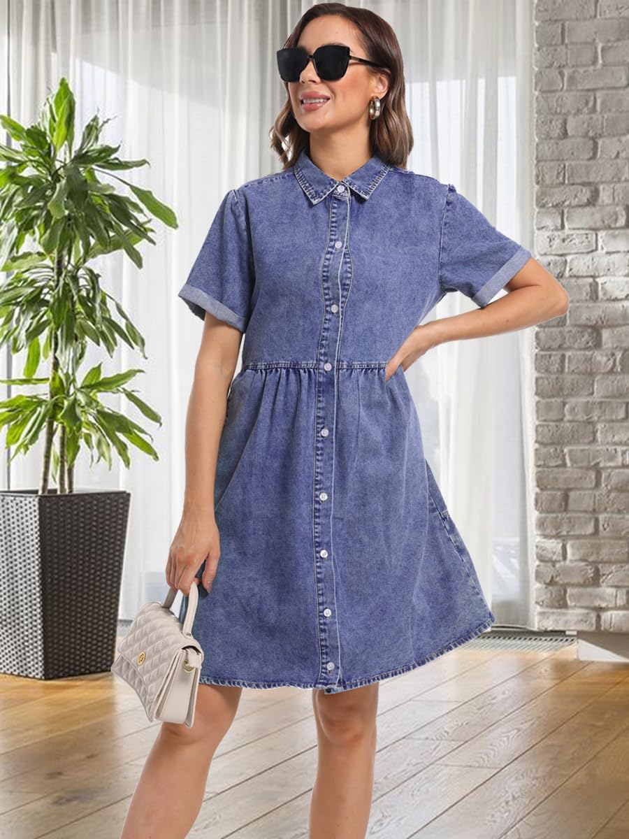 Women's Denim Dress Short Sleeve Button Down Summer Casual Jean Tunic Top - Perfect for Beach Outings, Date Nights & Everyday Wear