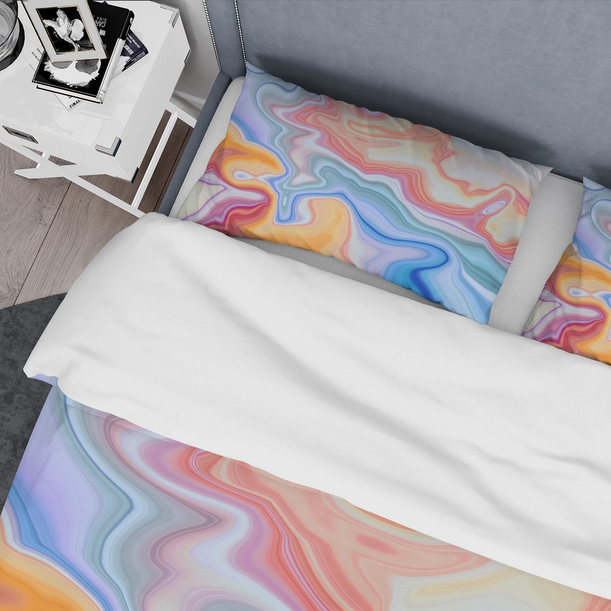 Modern Abstract Blue Green Red Marbled Duvet Cover Set King Size - 3 Piece Contemporary Bedding for All Seasons | Perfect for Master Bedroom, Guest Room & Luxury Hotel Decor
