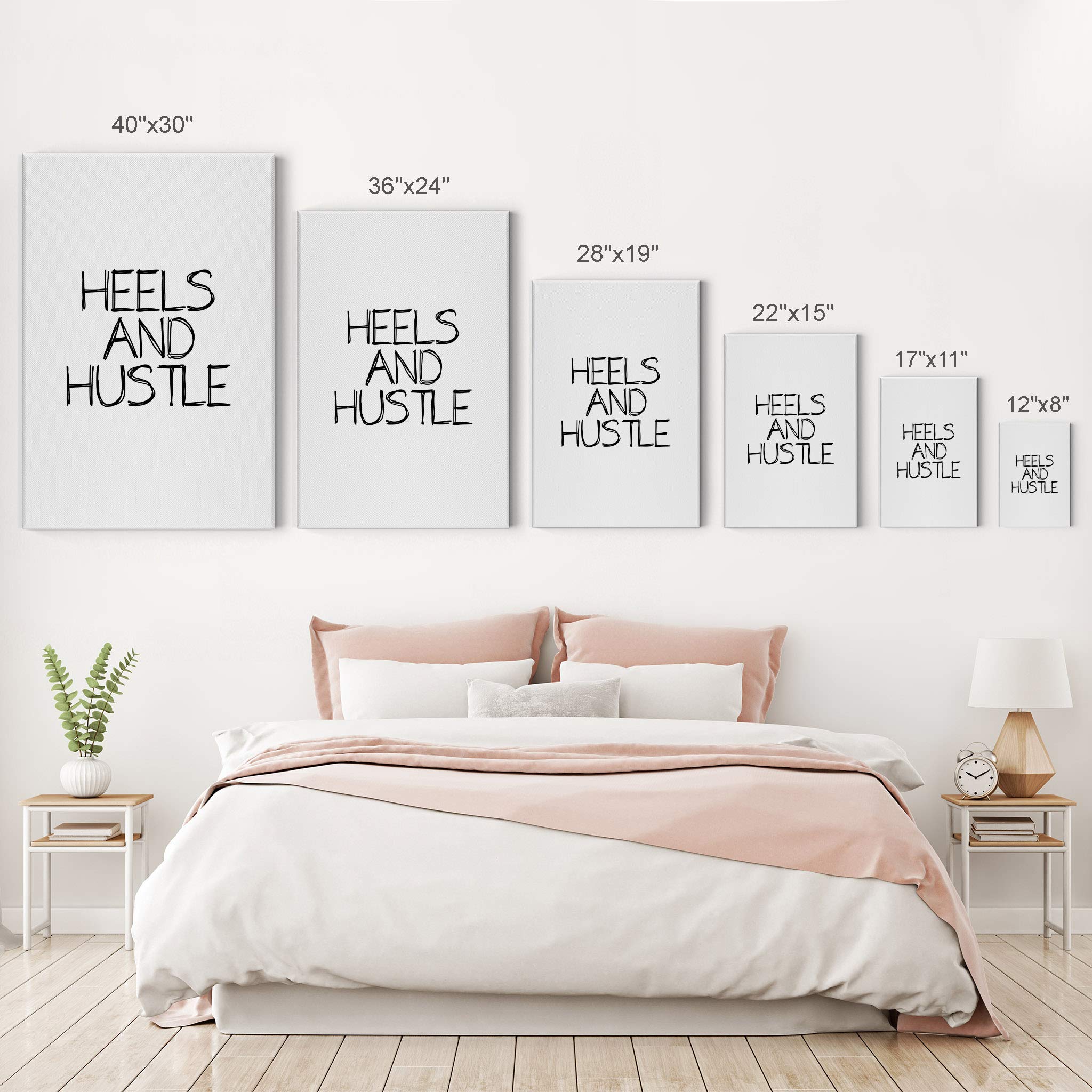 Smile Art Design Heels and Hustle Inspirational Quote Canvas Print - Black Hand Lettering Glam Wall Art for Office, Bathroom, Girls Room & Dorm Decor (12x8 Inches, Ready to Hang) - Perfect Motivational Gift for Women & Home Living Room Wall Decor
