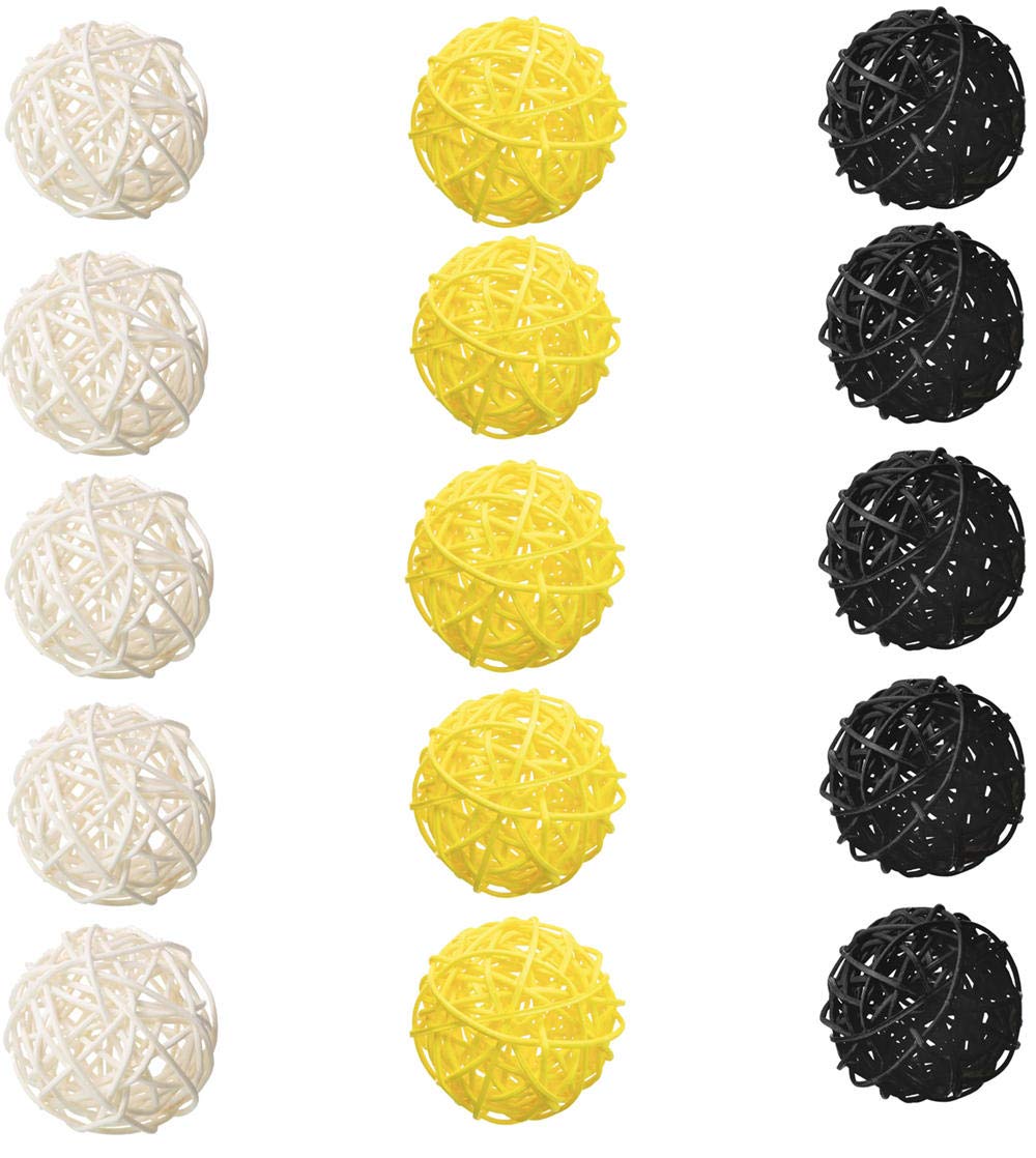 15 Pack Rattan Wicker Balls Decoration - Natural White Yellow Black Woven Balls for Bee Themed Party, Baby Shower, Birthday, Wedding Table Decor (2 Inch) - Perfect for Honeycomb Centerpieces, Bumblebee Nursery Decor, and Rustic Wedding Accents