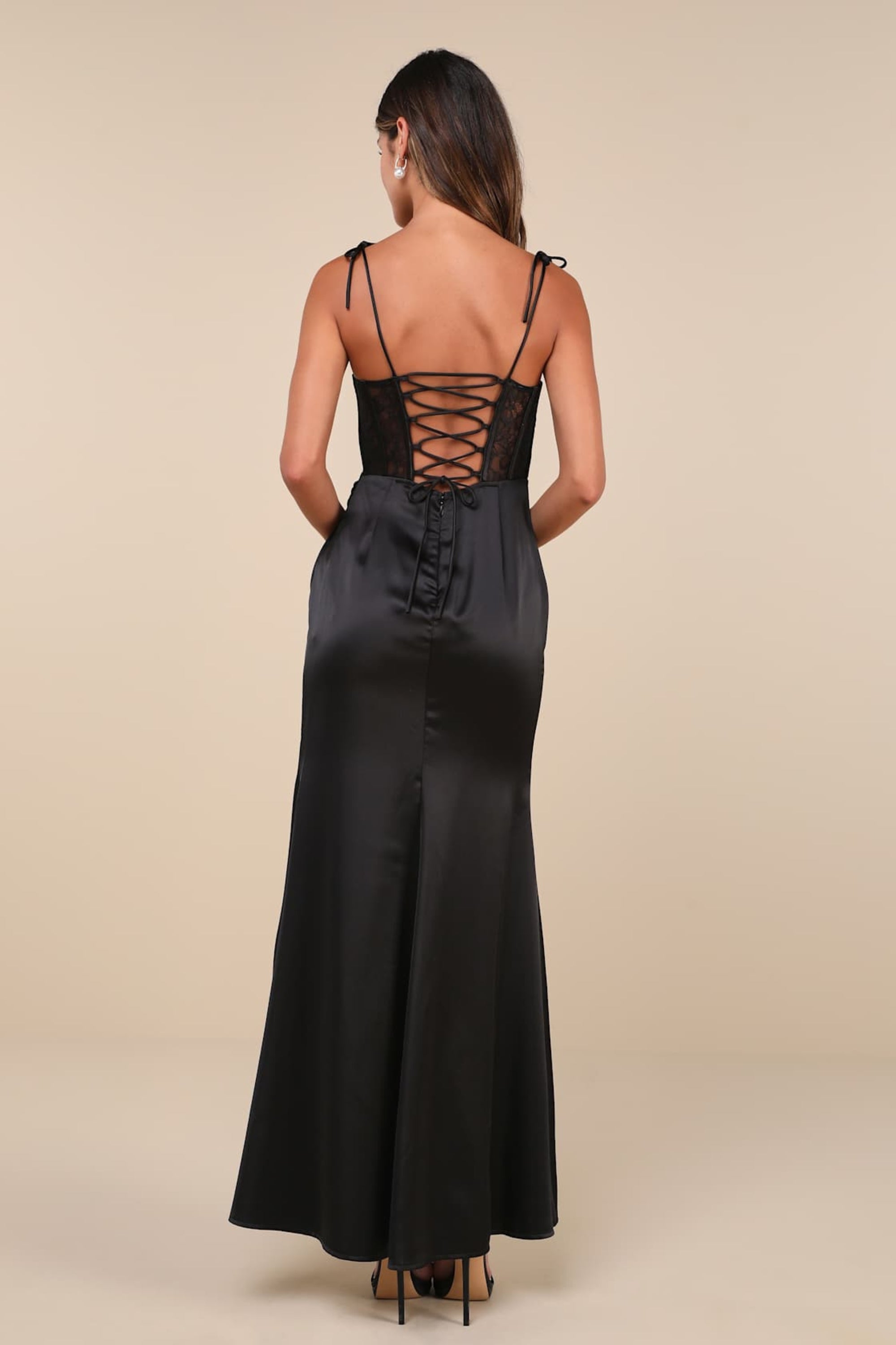 Elegant Black Satin Lace Tie Strap Bustier Maxi Dress for Women - Perfect for Evening Parties, Weddings & Special Occasions
