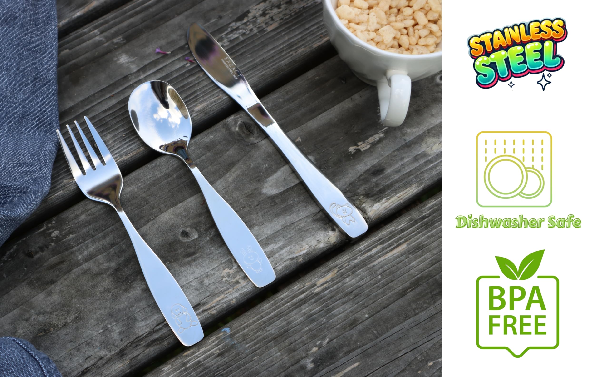 Exzact 12-Piece Kids Cutlery Set - Stainless Steel Forks, Safe Dinner Knives & Spoons for Children with Engraved Animal Designs (Dog, Cat, Bunny) - Perfect for School Lunches, Picnics & Family Dinners