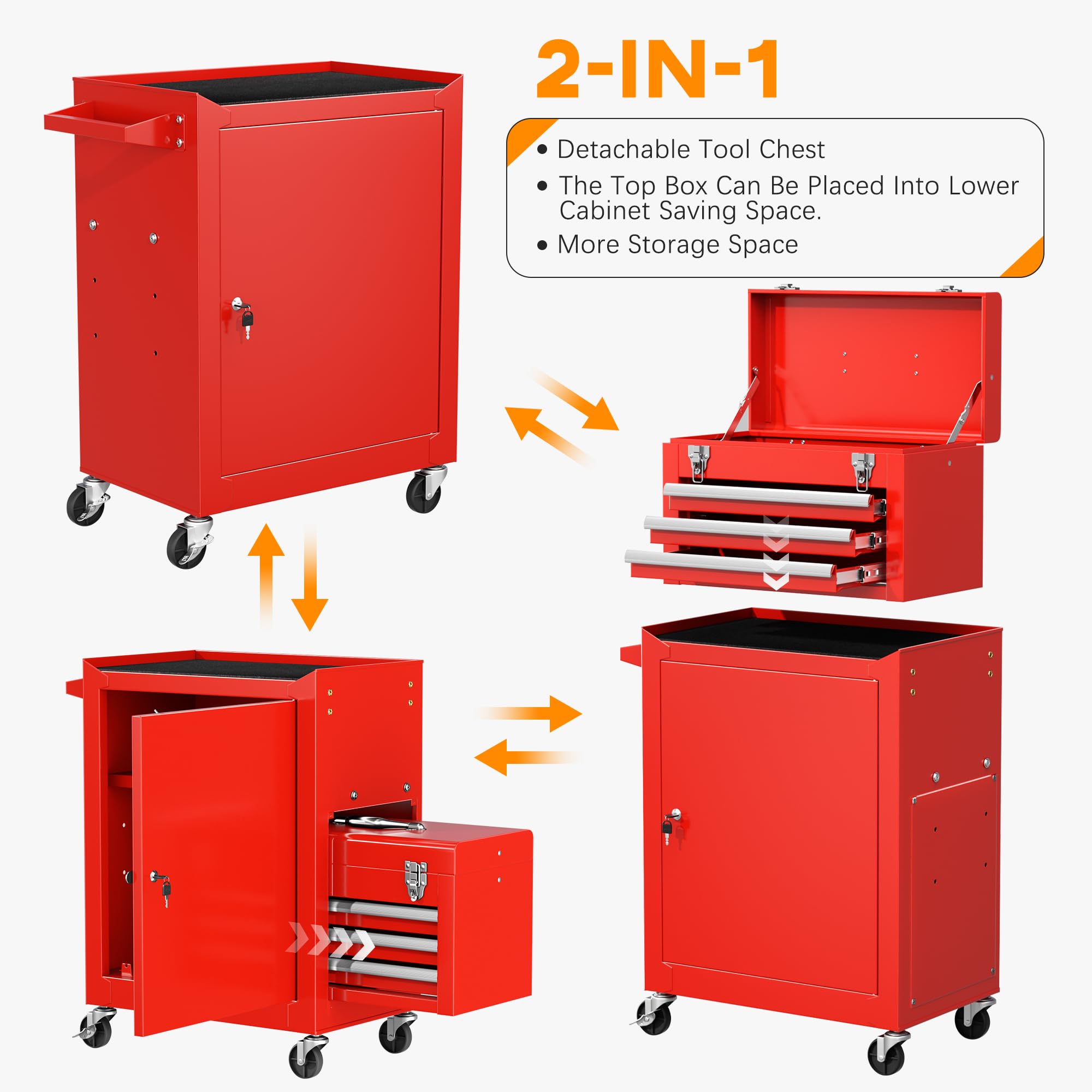 INTERGREAT 3-Drawer Rolling Tool Chest with Lock - Heavy Duty Mobile Tool Cabinet for Workshop, Garage & Warehouse - Detachable Storage Organizer for Mechanics Tools (Red) - Perfect for DIY Projects, Auto Repair & Professional Workspaces