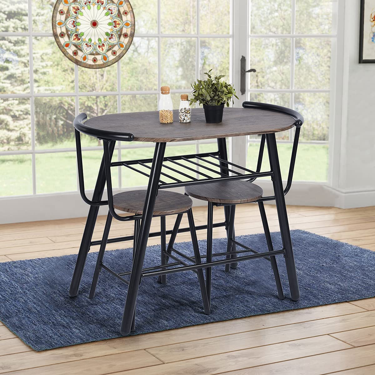 3 Piece Dining Set - 2 Chairs & Round Table with Steel Frame, Compact Kitchen Table Set with Wine Rack, Small Space Bistro Set for Apartments, Dining Room, Kitchen (Black+Brown) - Perfect for Breakfast Nooks, Studio Apartments & Cozy Dining Areas
