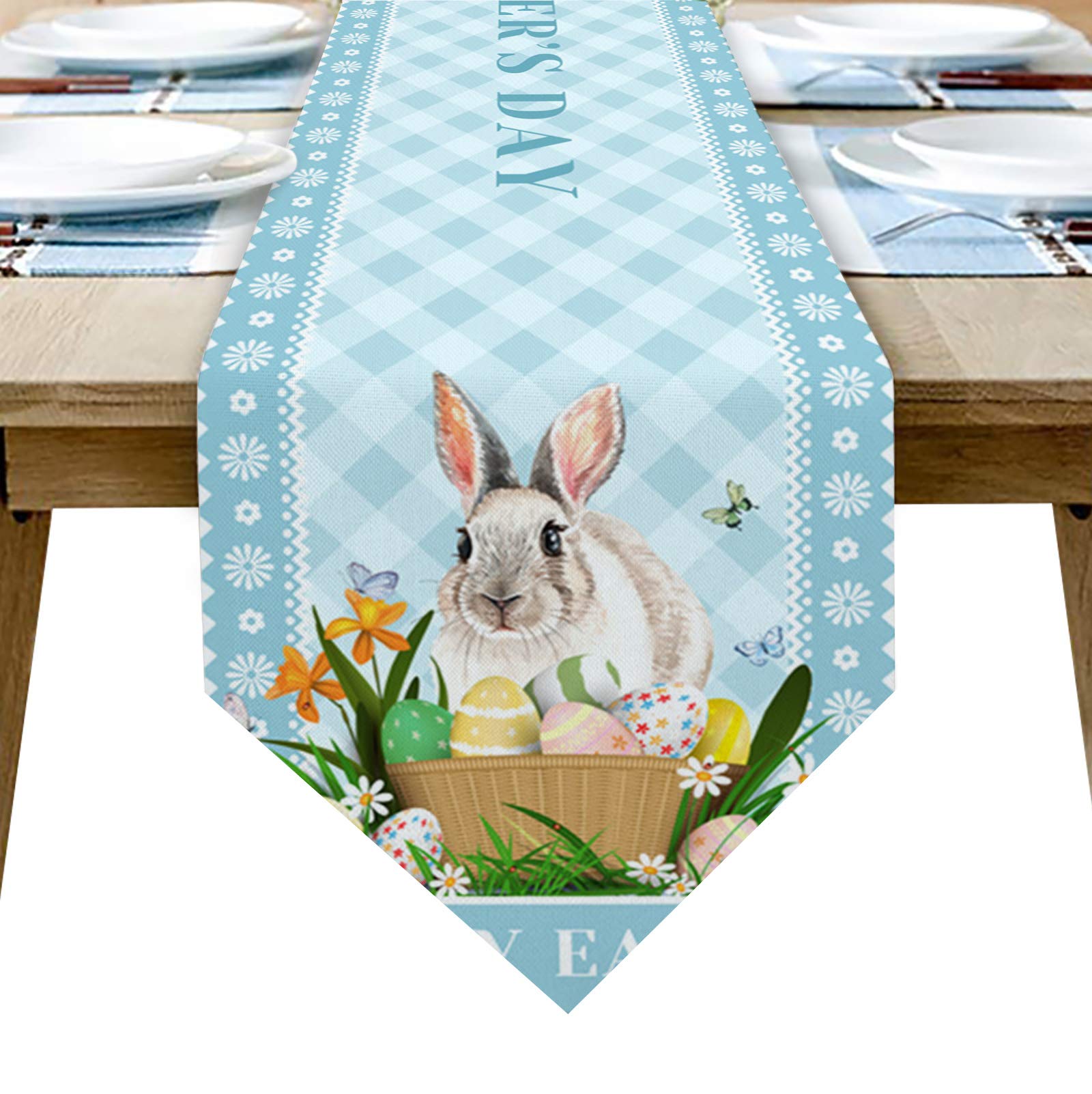 Easter Bunny Table Runner - Colorful Eggs & Floral Cotton Table Cover for Kitchen, Dinner, Wedding - Blue Check Plaid Decor (16x72 Inch) - Perfect for Indoor & Outdoor Party Table Settings