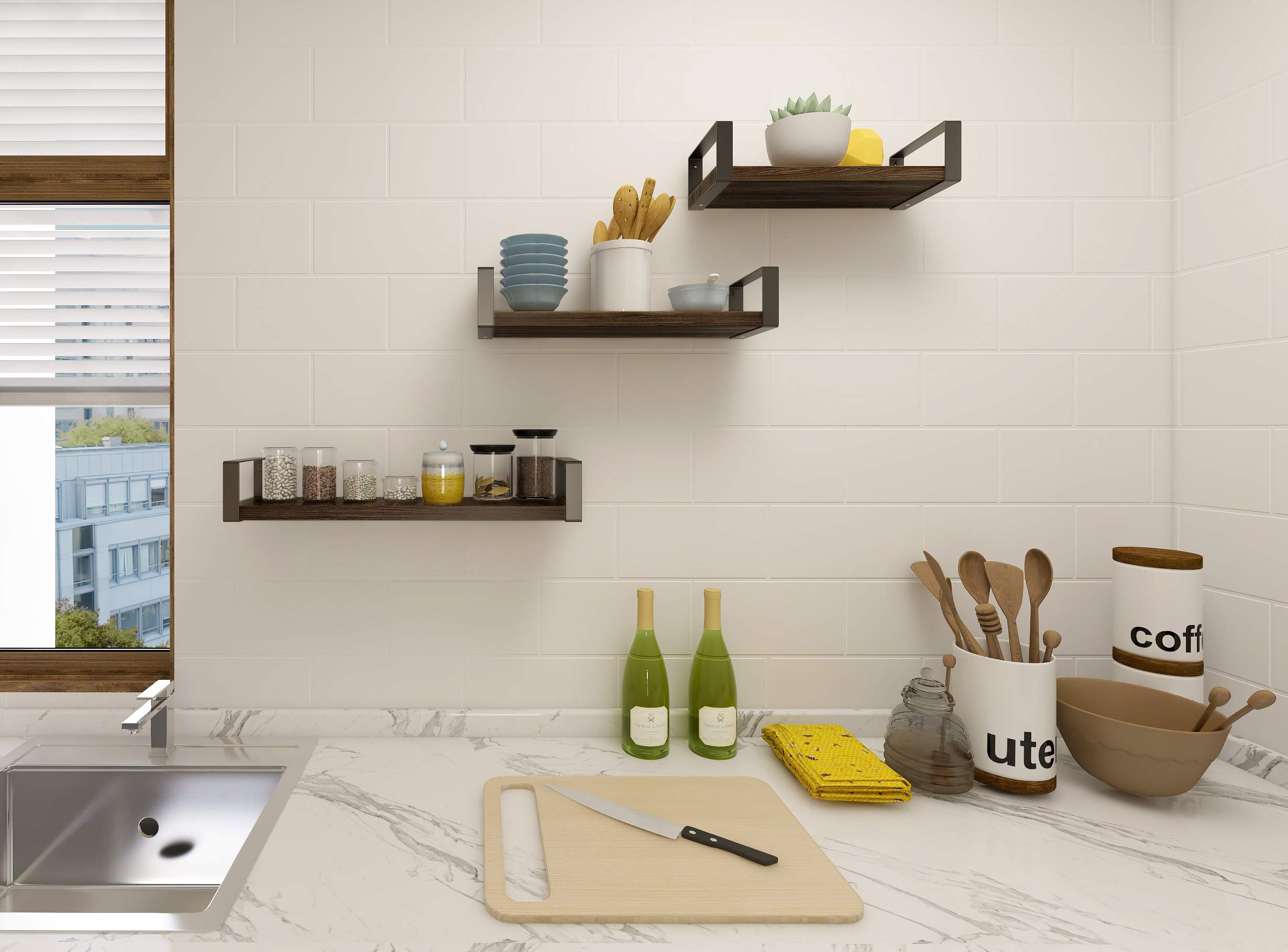Wood Floating Shelves Set of 3 - Rustic Wall Decor for Bathroom, Bedroom & Living Room