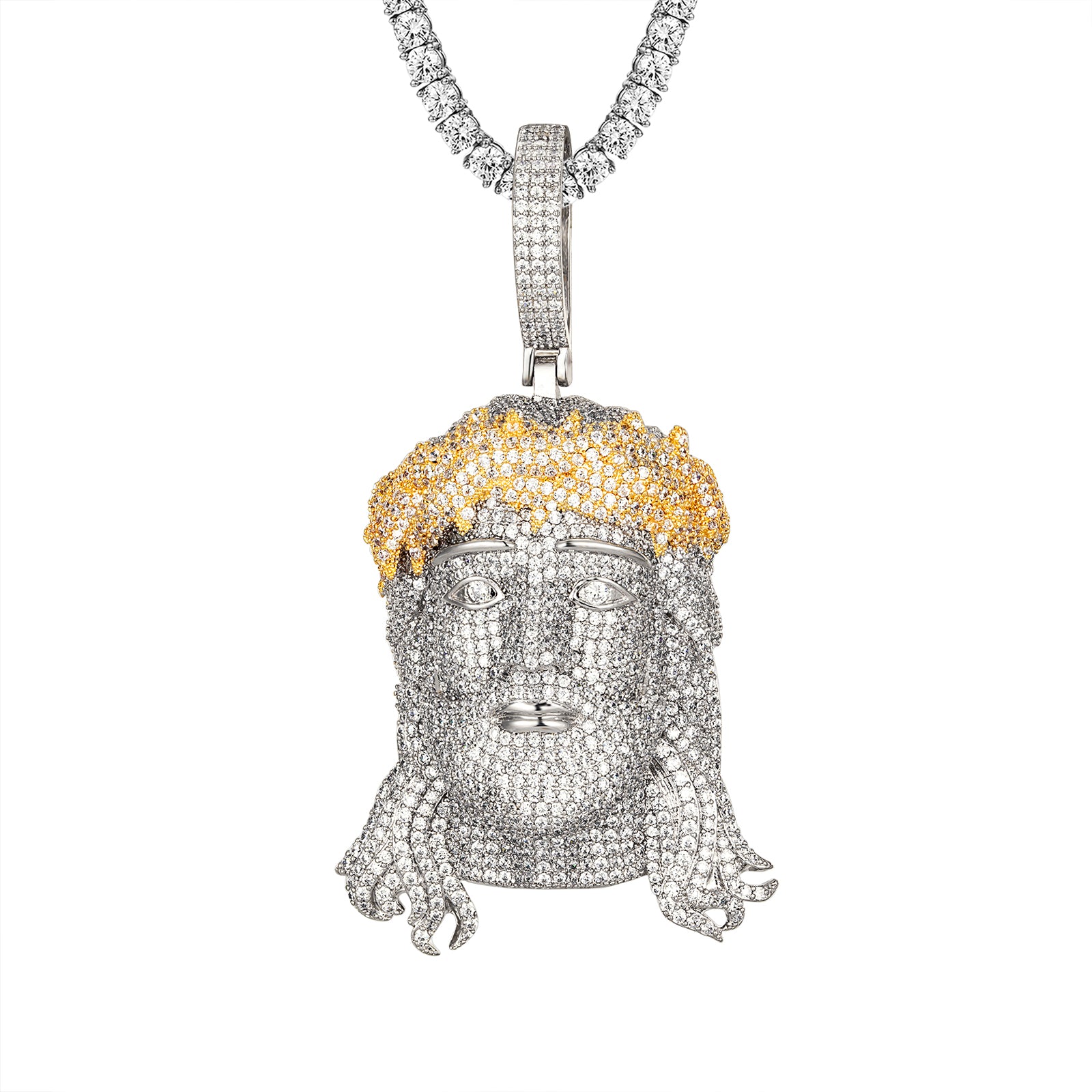 3D Icey Jesus Pendant in White Gold Finish with Yellow Crown - Religious Jewelry for Men & Women, Perfect for Church, Gifts & Everyday Wear