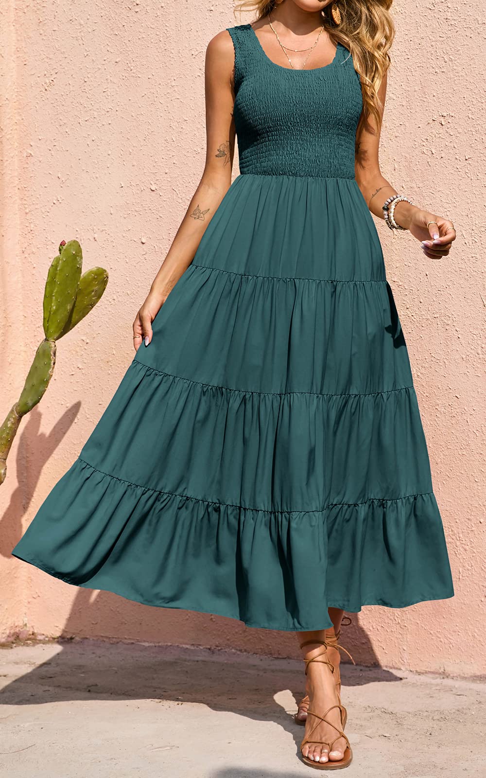 PRETTYGARDEN Women's Casual Loose Plain Maxi Sundress - Smocked Tank Dress Sleeveless Summer Beach Tiered Long Dress for Vacation, Pool Party & Outdoor Activities