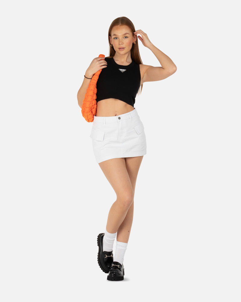 SSS Realism Dover Denim Cargo Skirt for Women - White | High Waist Stretch Denim Skirt with Pockets | Casual Streetwear & Outdoor Fashion