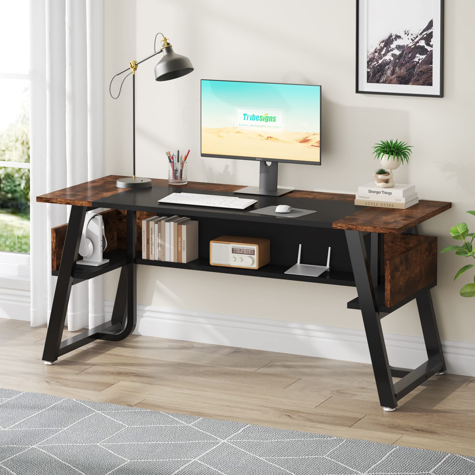 Tribesigns 63 Inch Modern Computer Desk with Storage Shelf - Sturdy Wooden Office Desk with Metal Frame for Home Office, Study, Bedroom | Large Writing Table & Business Workstation (Black Brown) - Perfect for Remote Work, Gaming, and Small Spaces