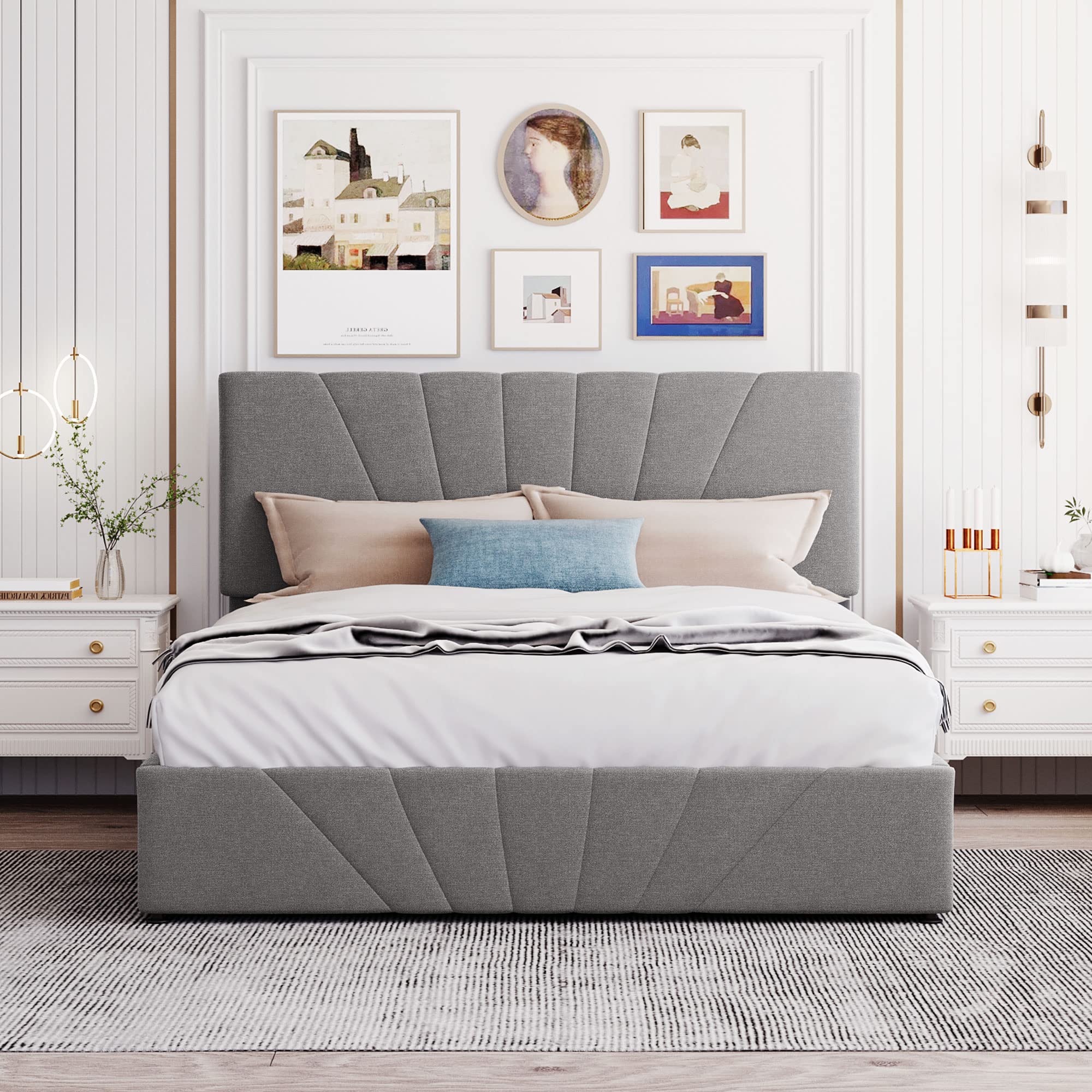 Harper & Bright Designs Queen Size Upholstered Platform Bed with Lift-Up Storage & Tufted Headboard - Wooden Bed Frame for Teens & Adults (Gray) - Perfect for Small Bedrooms, Guest Rooms & Dormitories