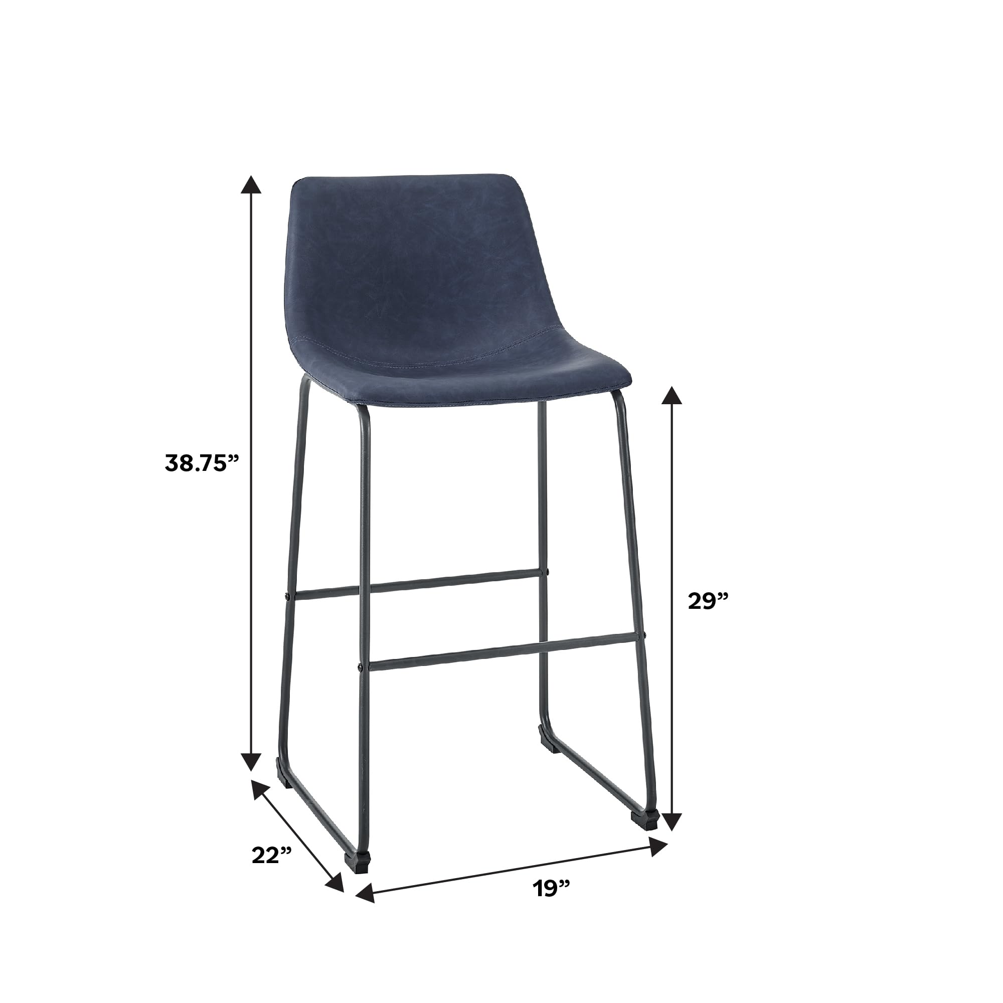Walker Edison Douglas Urban Industrial Faux Leather Armless Bar Stools, Set of 2, Navy Blue - Perfect for Kitchen Islands, Breakfast Bars & Home Bars