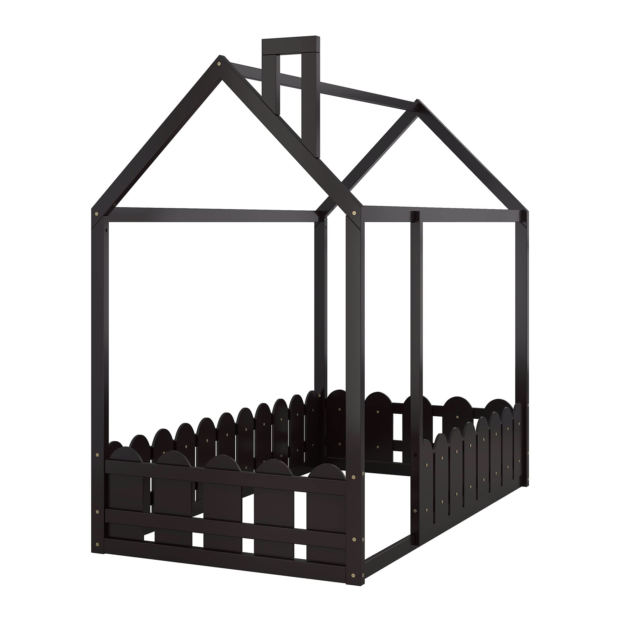 **Twin Size Wooden House Bed for Kids with Fence & Roof - Espresso Toddler Bed Frame for Boys & Girls - Perfect for Bedrooms, Playrooms & Nursery Decor**