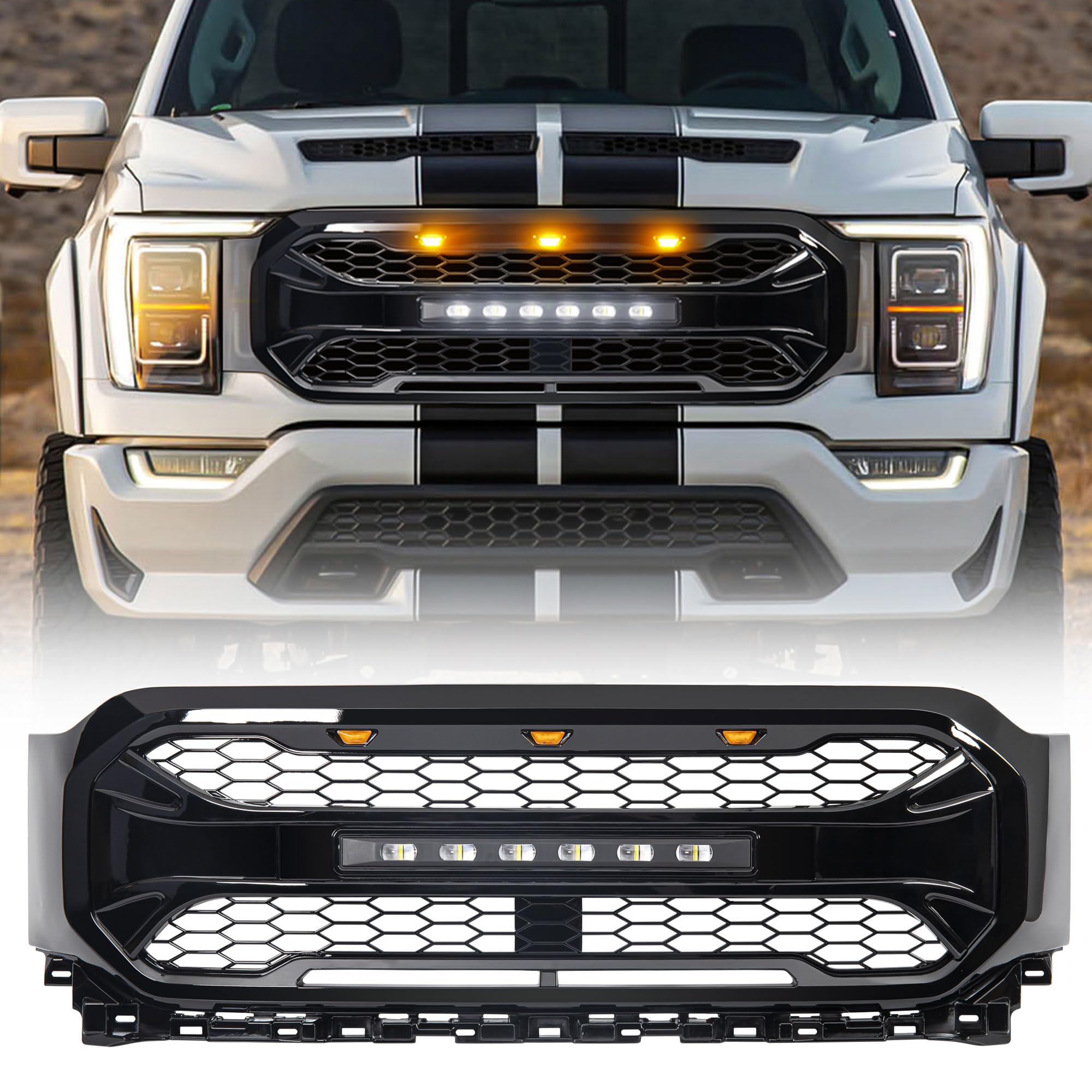 2021-2023 Ford F150 Aggressive Style Front Armor Grille with Off-Road LED Lights - Glossy Black | Heavy-Duty Protection & Enhanced Style for Off-Roading & Truck Customization