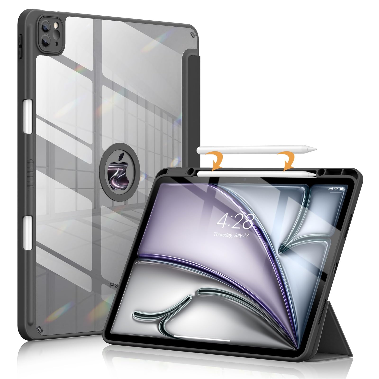 Soke Clear Shockproof Case for iPad Air 13 Inch (M3 2025 & M2 2024) & iPad Pro 12.9 Inch - Built-in Apple Pencil Holder, Auto Sleep/Wake, Camera Protection - Perfect for Work, Study & Travel - Black