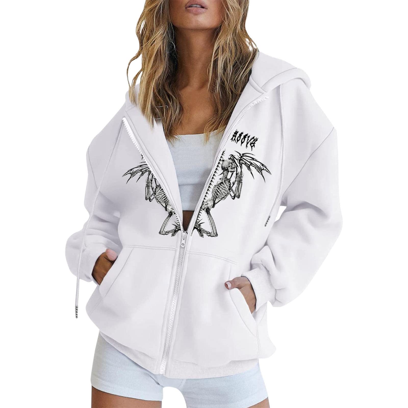 Gothic Women's Wide Neck Long Sleeve Zip-Up Hoodie with Lace-Up Detail & Glitter Accents | Perfect for Casual Wear, Street Style & Gothic Fashion Outfits