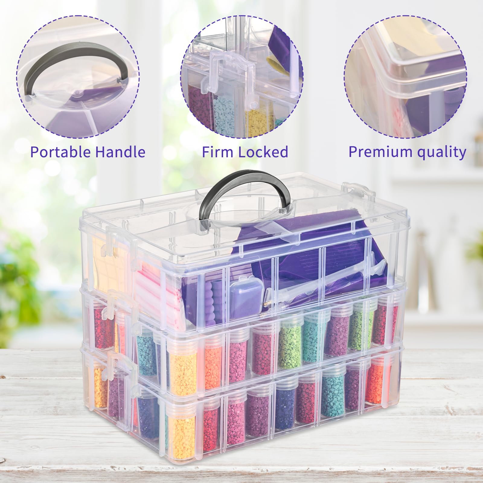 QUEFE 3-Tier Clear Stackable Diamond Painting Storage Box - 100 Slot Bead Organizer with Accessories for DIY Art Crafts, Jewelry Making & Bead Storage | Perfect for Home Decor, Gift Wrapping & Craft Room Organization
