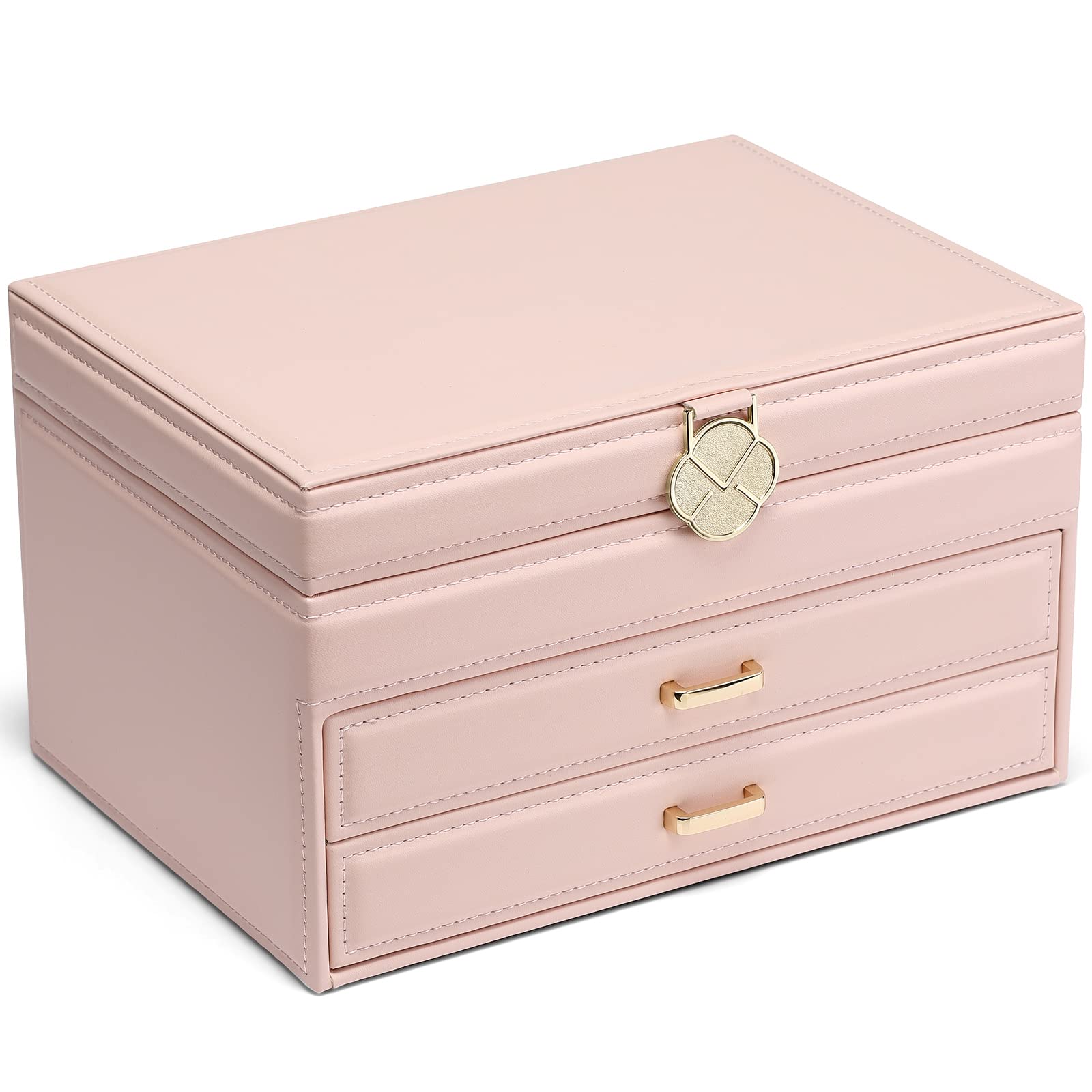Vlando 3-Layer Leather Jewelry Box Organizer for Women & Girls - Large Storage with 2 Drawers for Earrings, Rings, Bracelets, Necklaces & Watches (Pink) | Perfect for Bedroom Vanity, Travel & Gift Giving