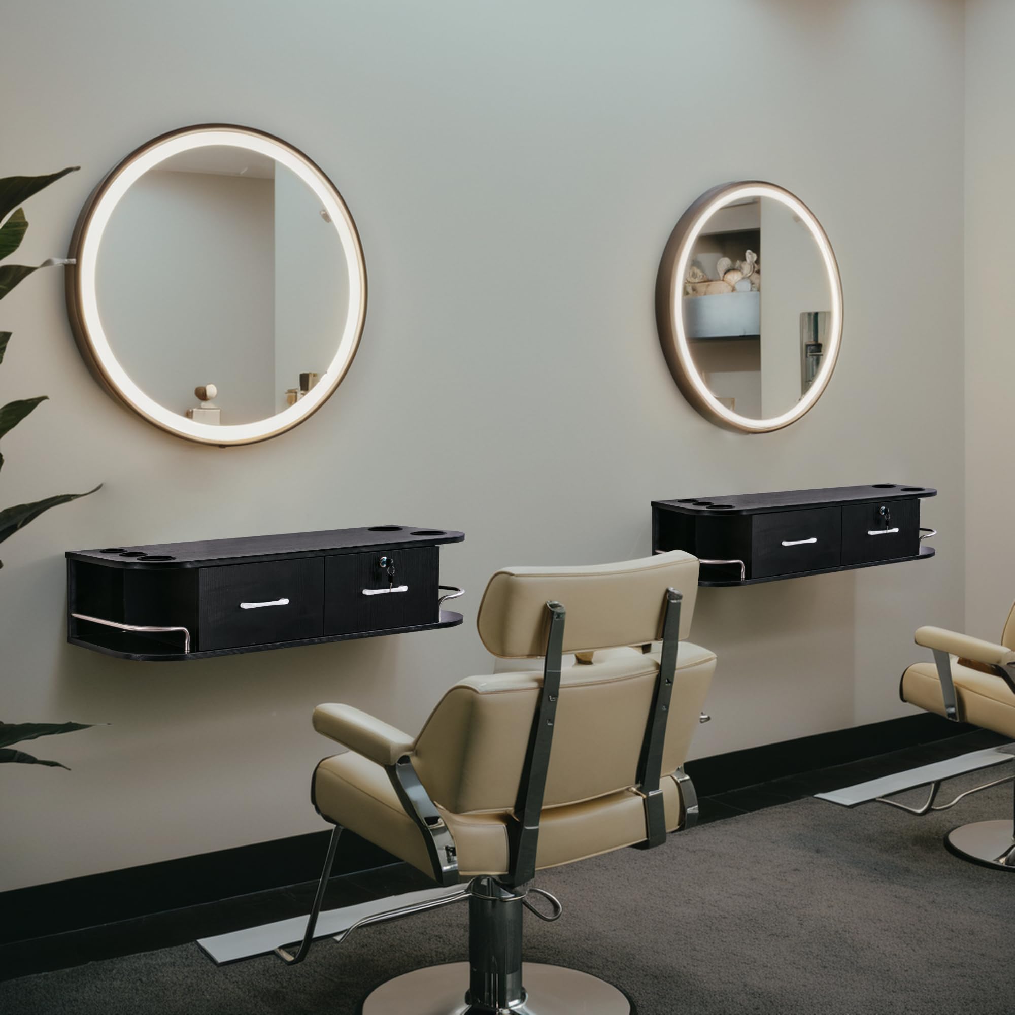 BarberPub Professional Wall Mount Hair Styling Station with Hair Dryer Holders - 2-Drawer Floating Salon Storage Unit for Barbers & Spas (Black) | Perfect for Salon Organization & Stylist Workstations