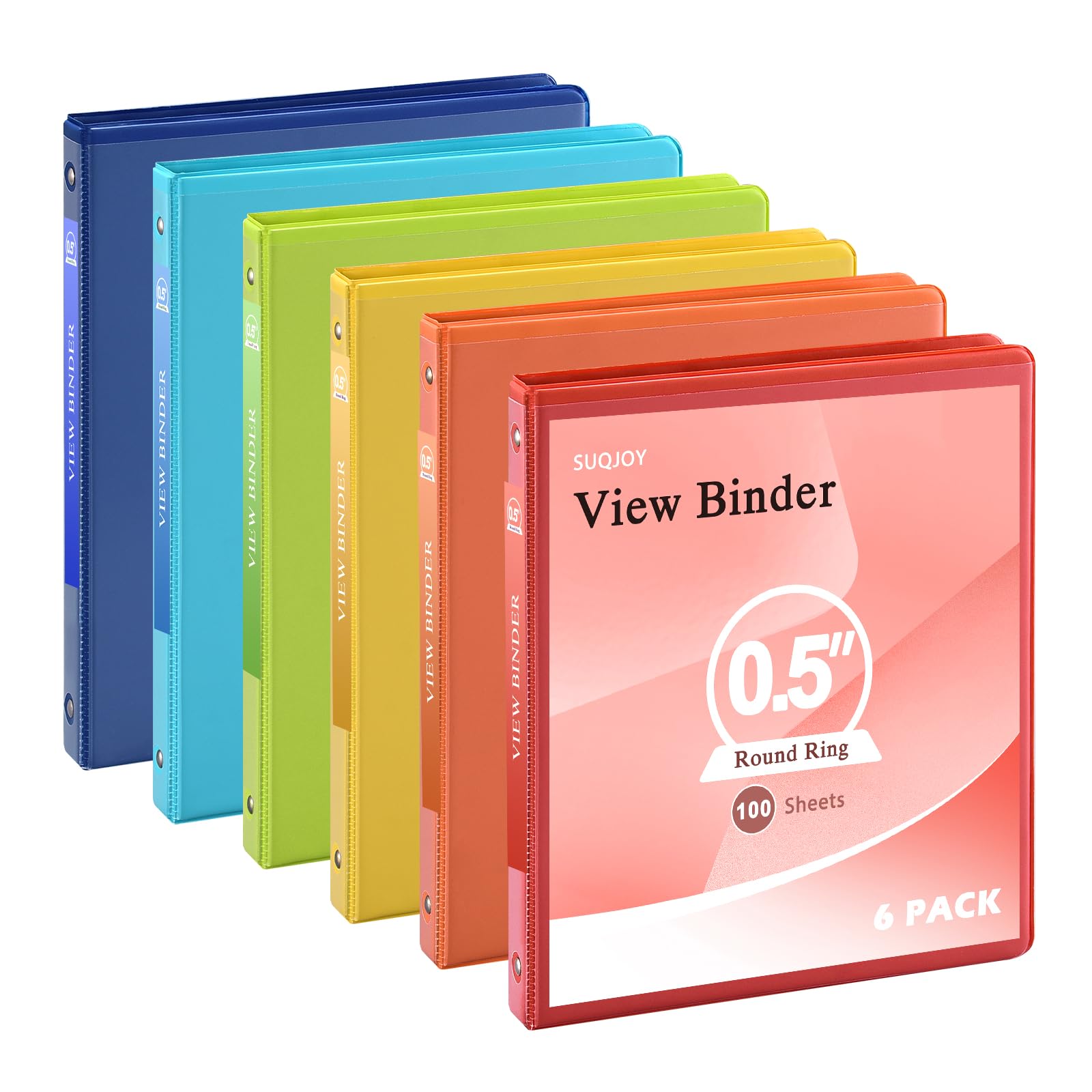 1/2 Inch 3-Ring Binder, 0.5-inch Round Ring Binder with 2 Inside Pockets, Clear View Cover - Holds 8.5'' x 11'' Paper - 6 Pack (Assorted Colors) for Office, School, Home Organization & Document Storage