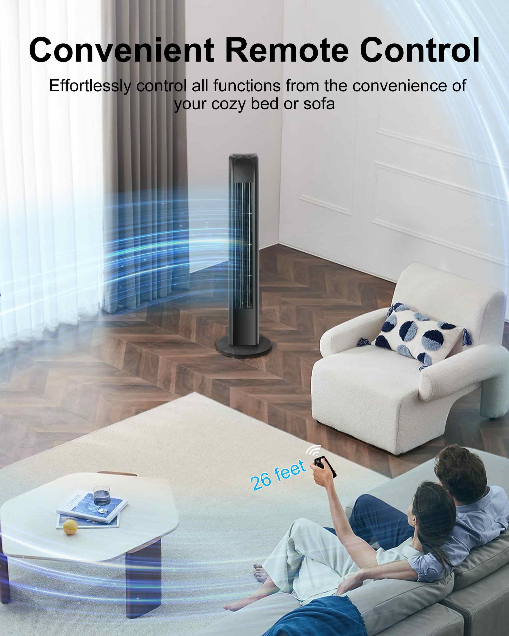 30-Inch Black Oscillating Tower Fan with Remote - Quiet Bladeless Standing Floor Fan for Bedroom, Office & Home Use | Portable Cooling Fan for Summer, Sleeping & Indoor Spaces