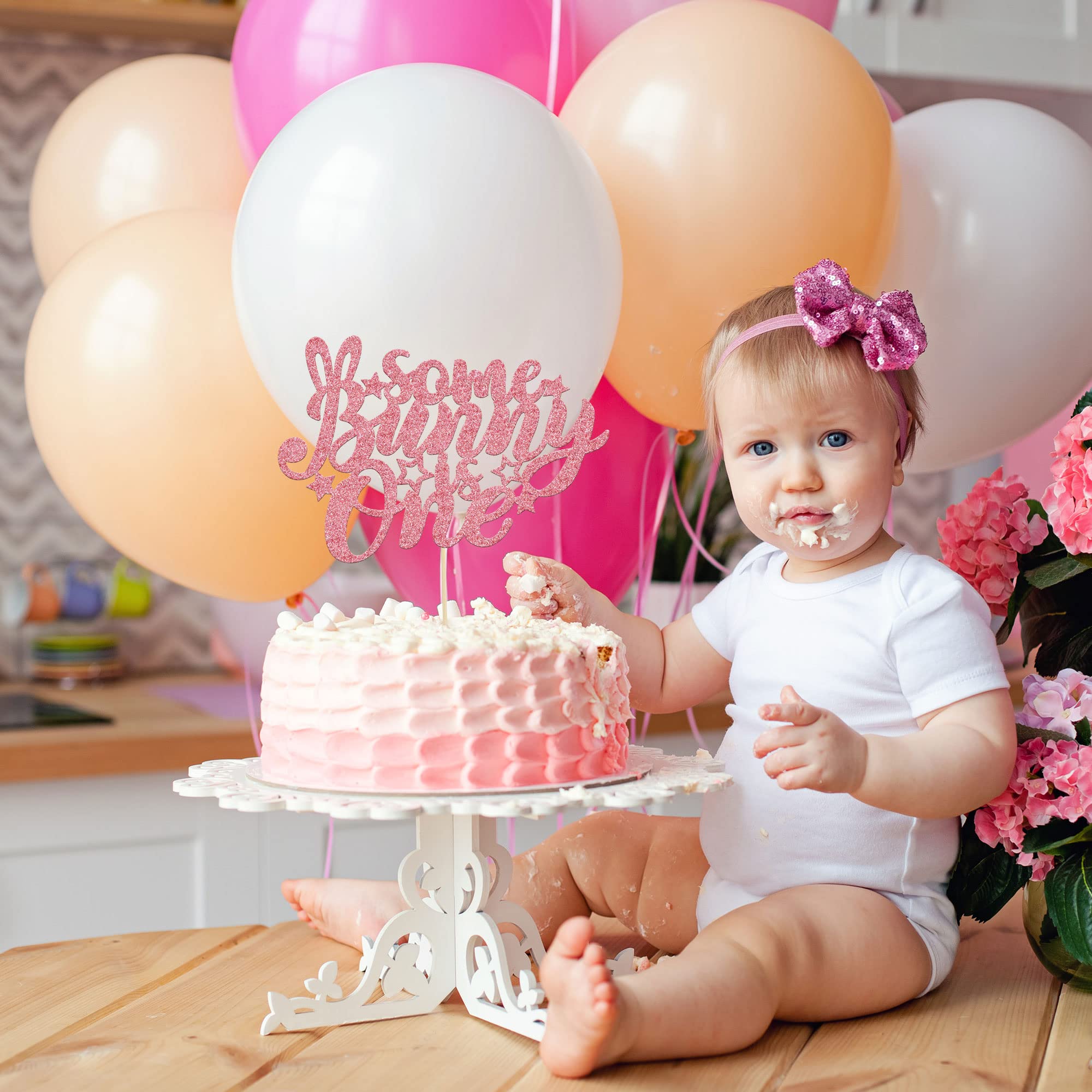 Gyufise Pink Glitter Some Bunny Is One Cake Topper - Easter Cake Decorations for 1st Birthday Party, Baby Shower & Spring Celebrations - Perfect for Boys & Girls Birthday Decor, Easter Theme Parties & Special Occasions