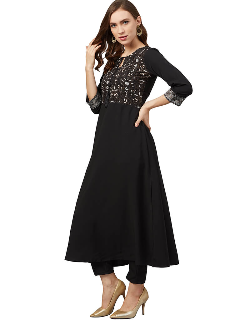 Elegant Black Crepe Pant Kurti for Women - Stylish Indian Ethnic Wear for Casual Outings & Festive Occasions