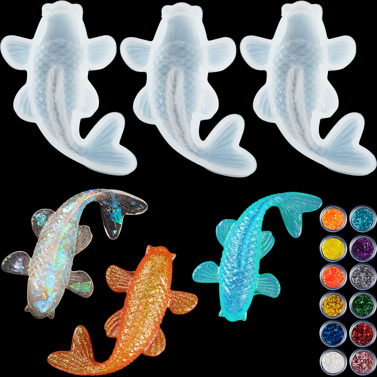 3 Pieces Koi Fish Silicone Resin Molds for DIY Jewelry Making - Epoxy Pendant, Goldfish Charm, Fondant Cake Decorations with 12 Color Sequins - Perfect for Handmade Crafts, Resin Art, and Cake Decorating