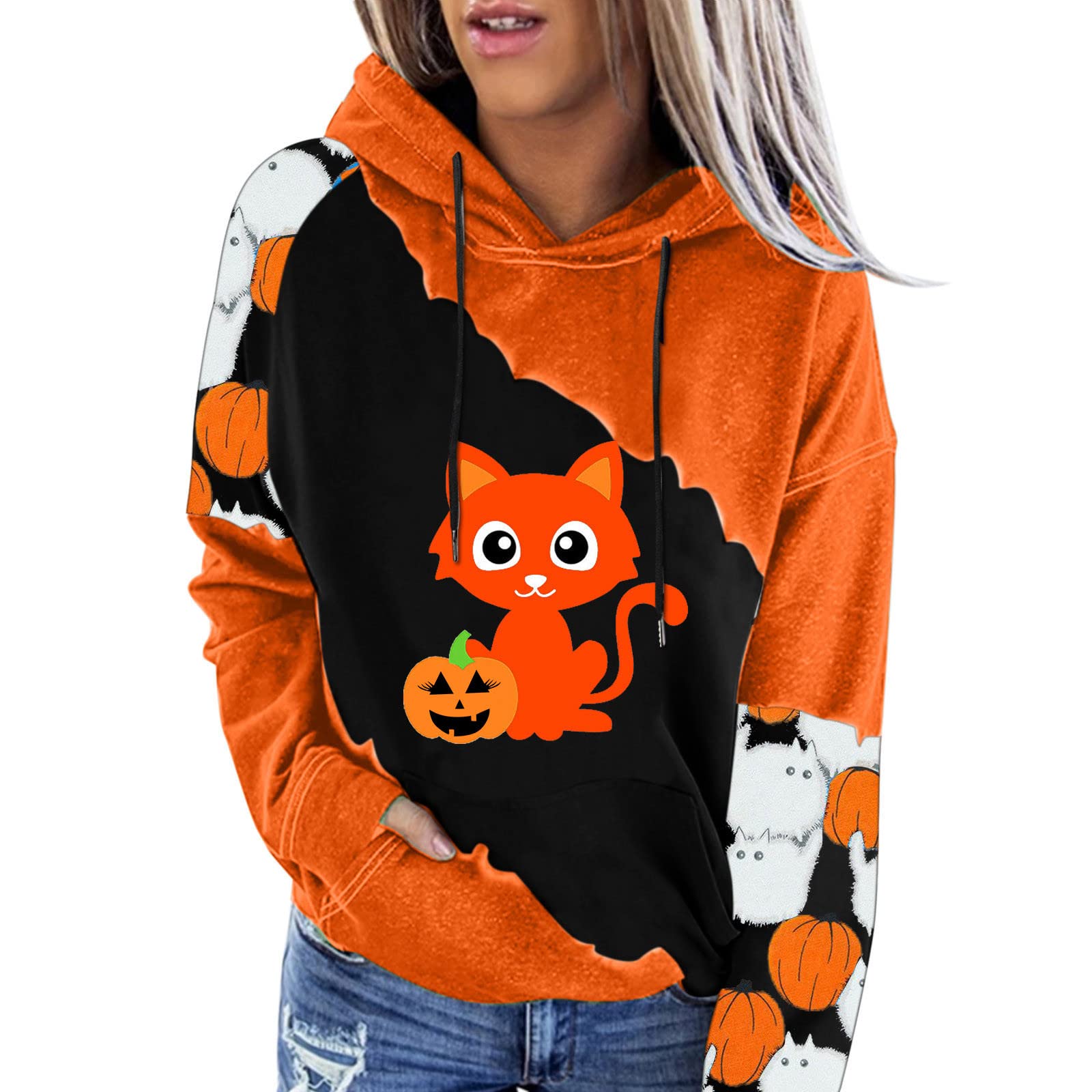 BEUU Women's Halloween Pumpkin Hoodie - Casual Long Sleeve Sweatshirt with Pocket for Fall Outfits