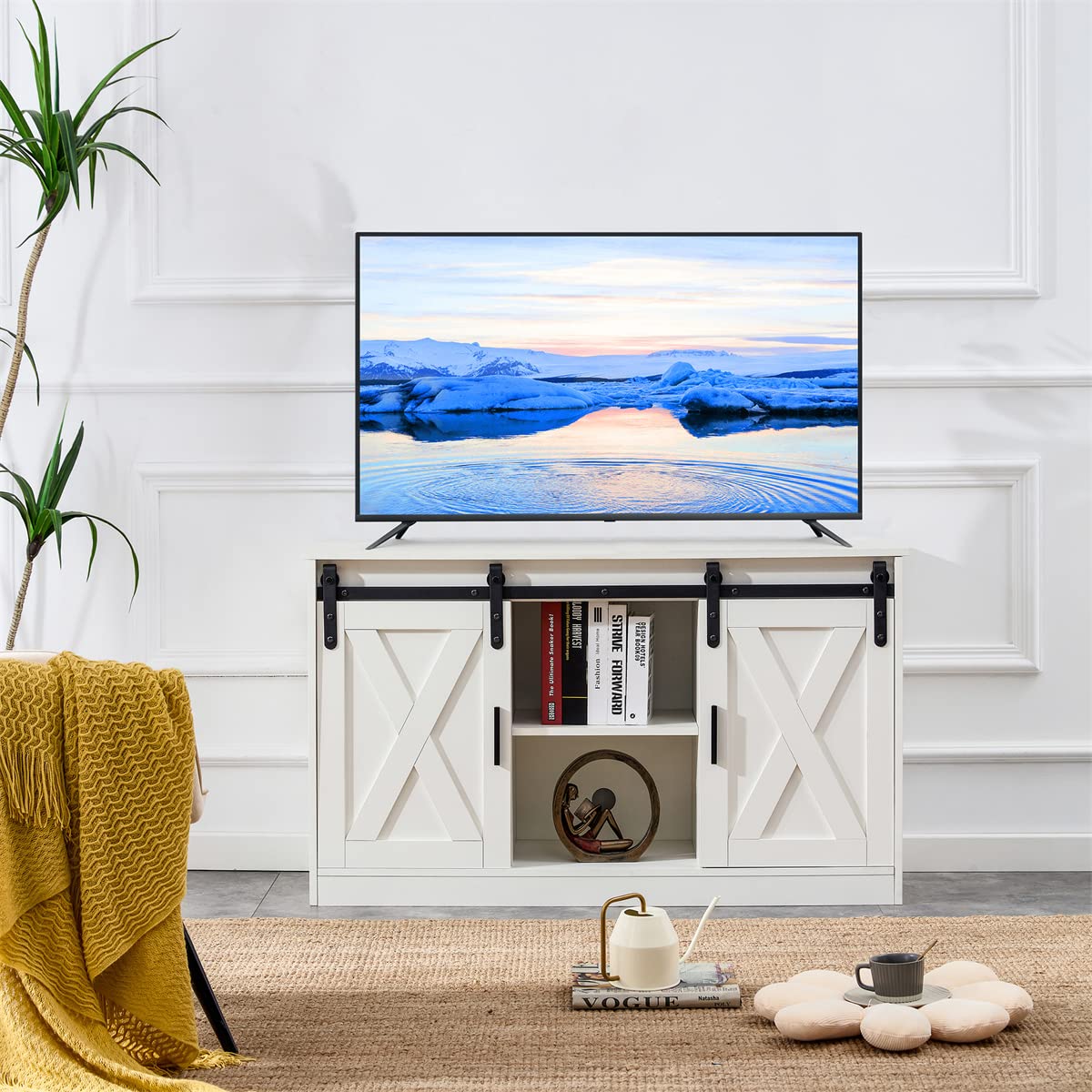 46.9 Inch White Wooden TV Stand - Farmhouse Style Entertainment Center with 2 Sliding Barn Doors & Cable Management - Perfect for Living Room, Bedroom & Home Theater Setup