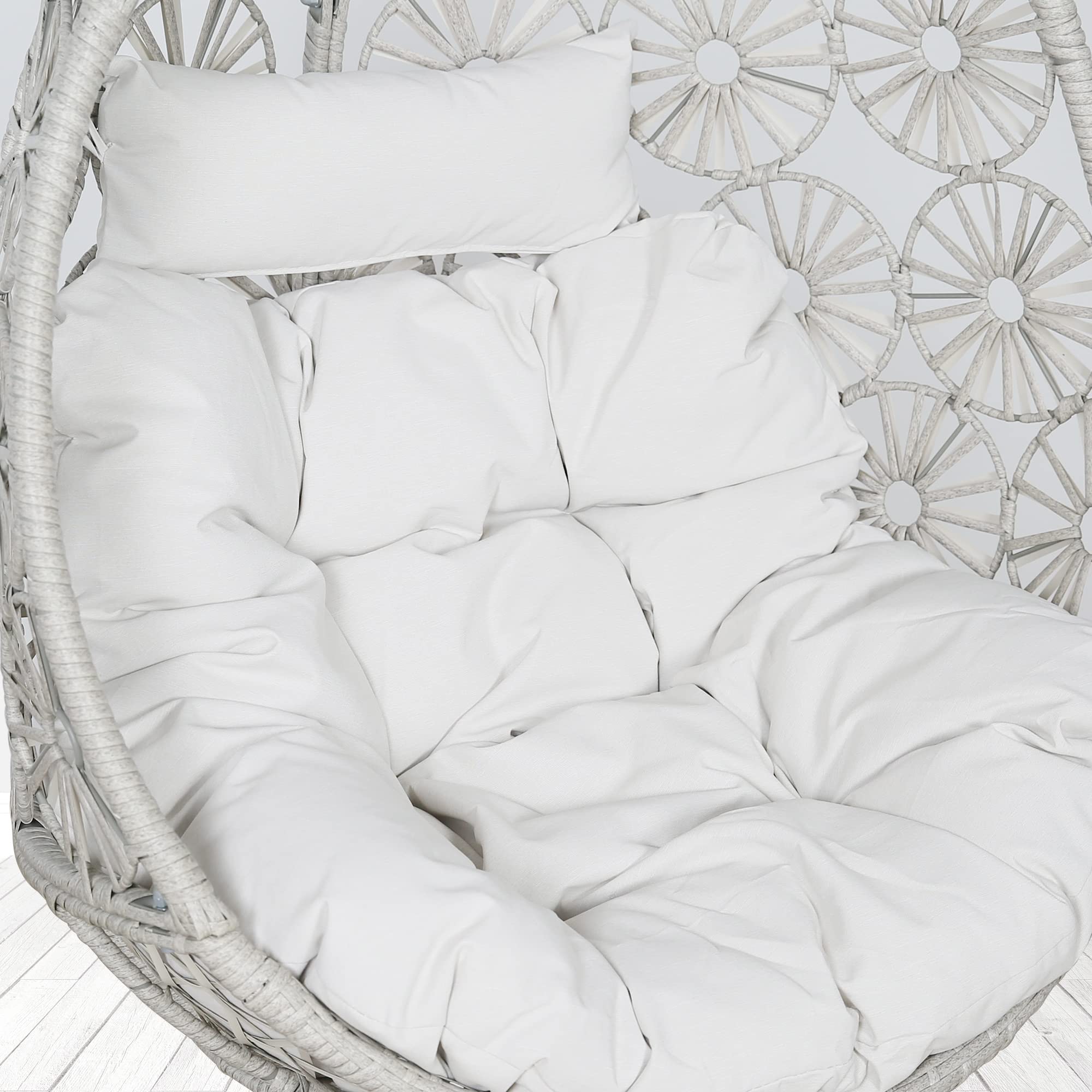 360-Degree Swivel Wicker Egg Chair with Beige Cushions - Outdoor Rattan Hanging Chair for Patio, Garden, Lawn & Bedroom - Perfect for Relaxing, Reading or Sunbathing