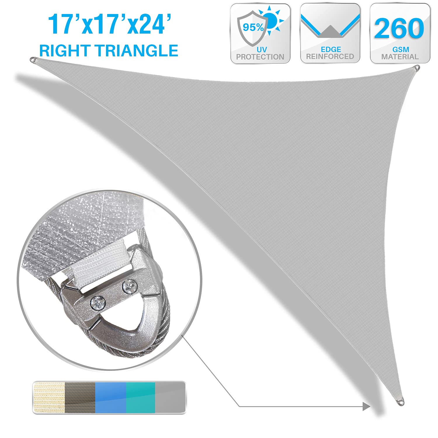 17' x 17' x 24.24' Triangle Sun Shade Sail - Heavy Duty UV Block Canopy with A-Ring Metal Spring Reinforcement for Patio, Garden & Backyard (Light Gray) | Perfect for Outdoor Shade, Poolside Lounging & Summer Relaxation