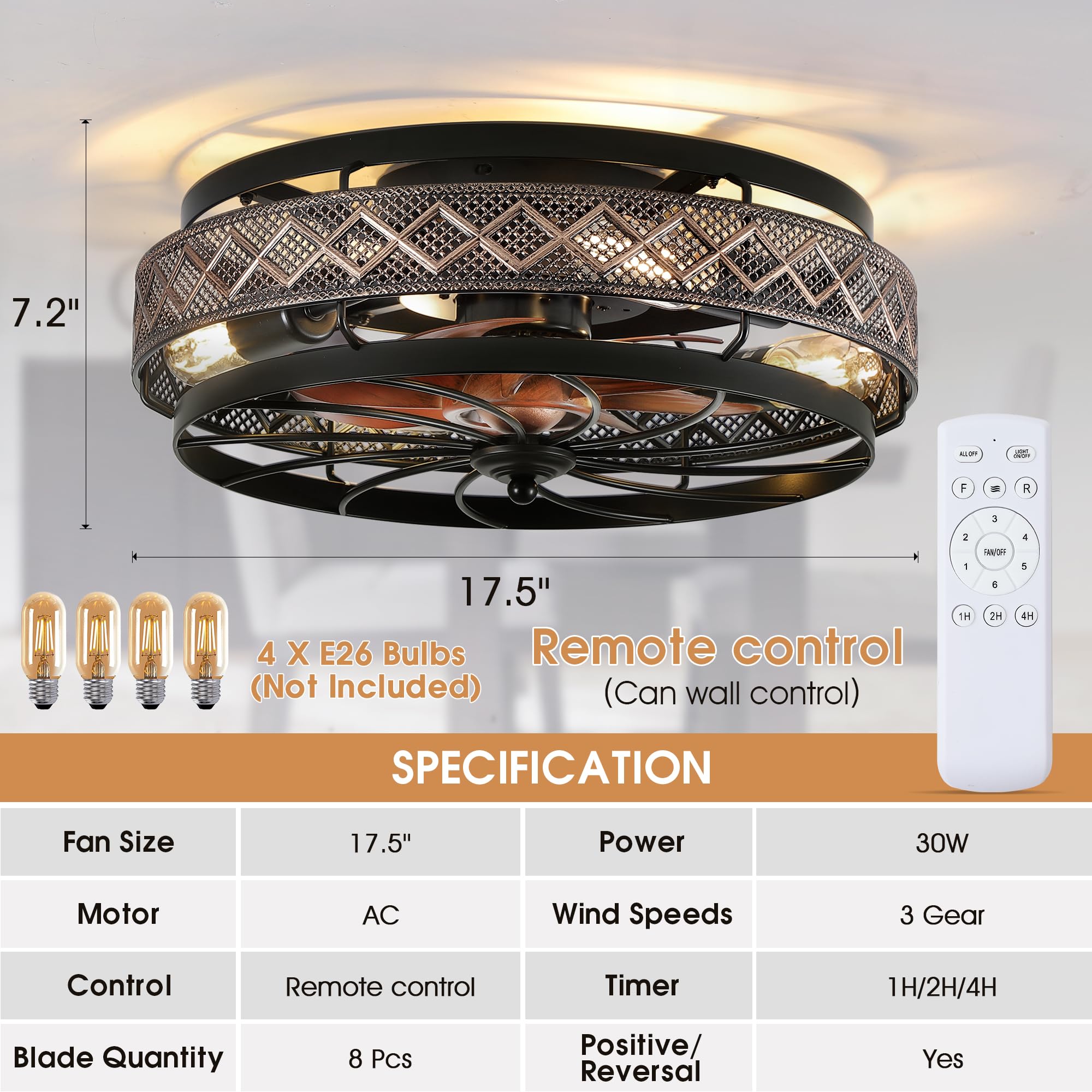 Low Profile Caged Ceiling Fan with Light and Remote Control - Flush Mount Industrial Black Ceiling Fan for Bedroom, Living Room, Office - Small Modern Ceiling Light Fixture with Reversible Blades (Bulbs Not Included) - Perfect for Small Spaces and Low Ceilings