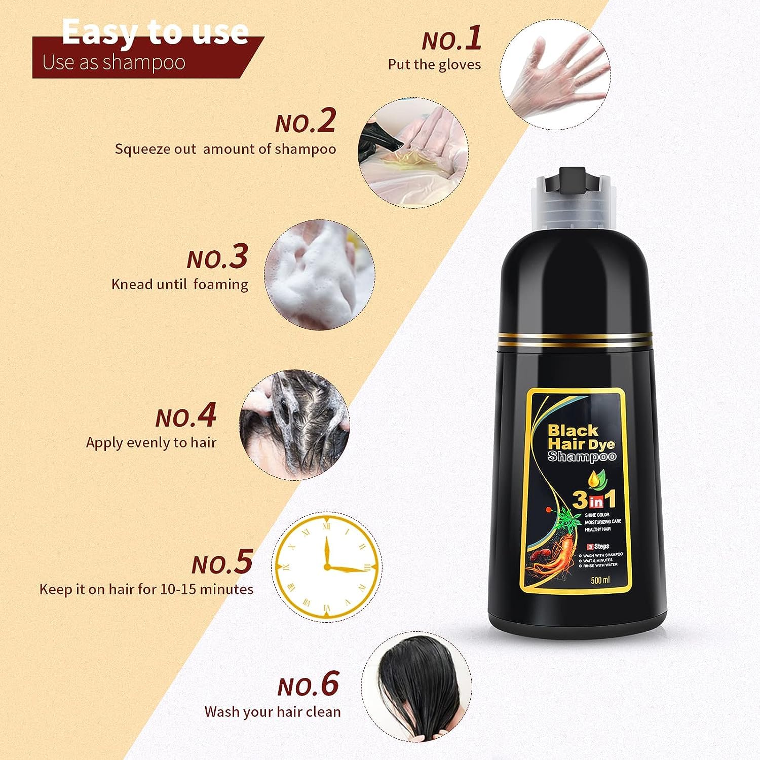 Lobe Miracle Herbal 3-in-1 Instant Black Hair Dye Shampoo for Women & Men - 500ml Natural Gray Hair Coverage in 15-20 Minutes | Herbal Hair Color Treatment for Quick Root Touch-Up & Full Head Coloring at Home
