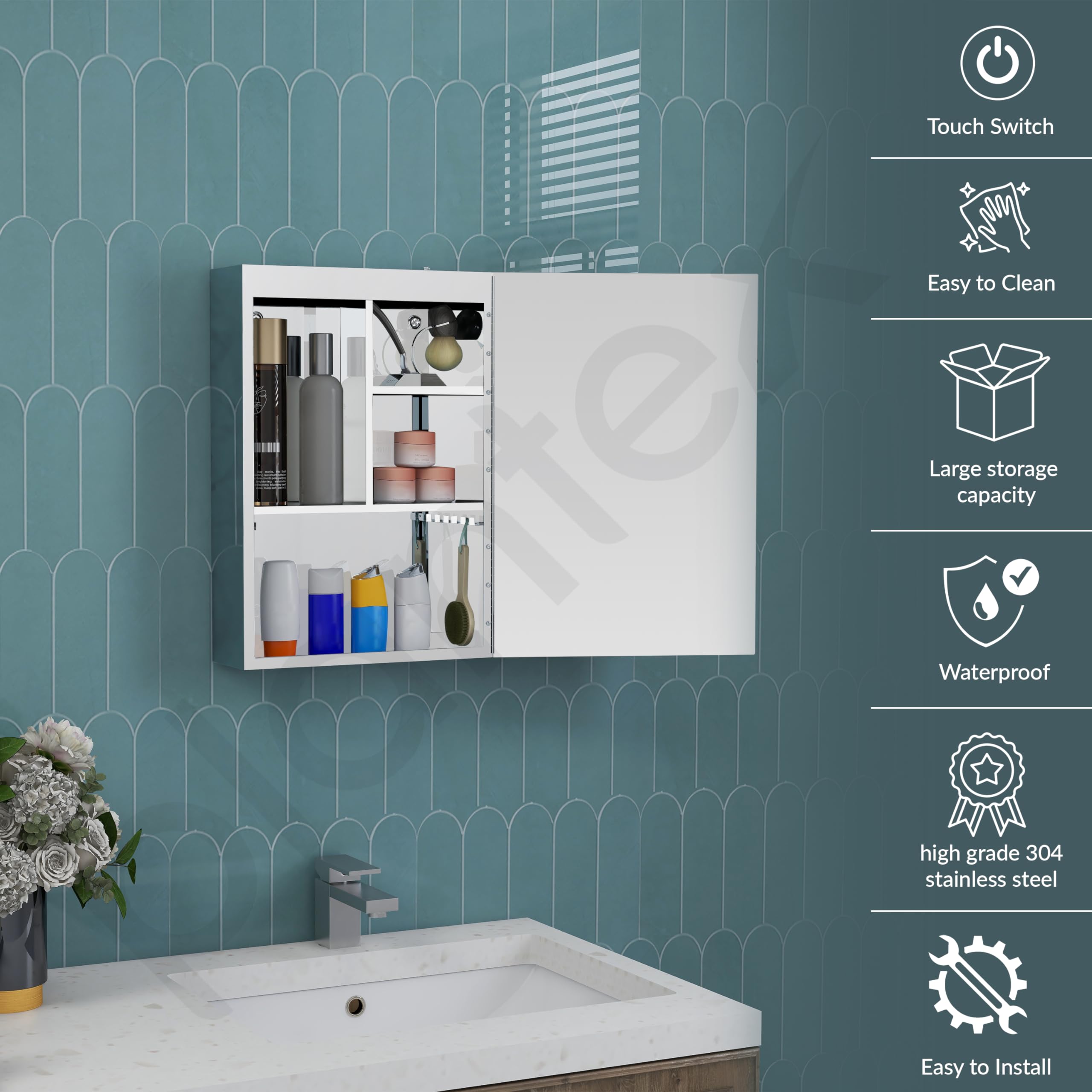 Premium 304 Stainless Steel LED Bathroom Mirror Cabinet - 14x20 Inch Wall Mounted Bathroom Organizer with Chrome Finish - Perfect for Modern Bathrooms, Vanities & Small Space Storage Solutions