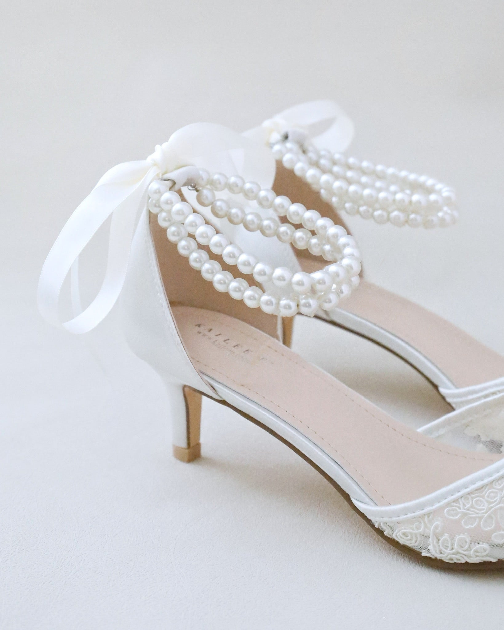Elegant Crochet Lace Pointy Toe Wedding Shoes with Double Pearl Strap - Low Heel Kitten Heels for Bridal Party, Prom & Formal Occasions