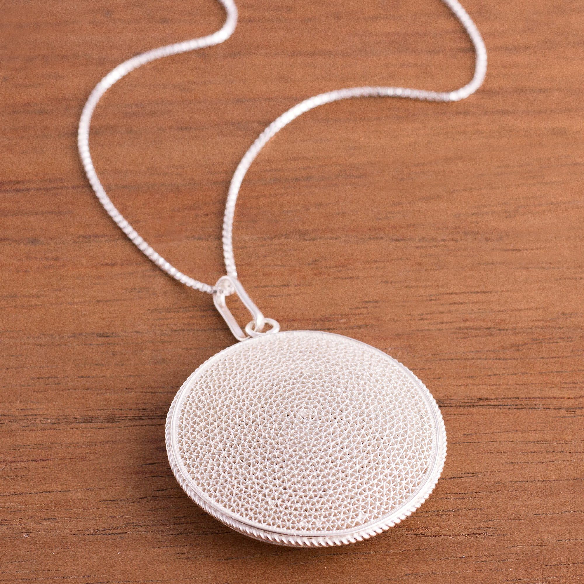 Handmade Sterling Silver Filigree Pendant Necklace - Artisanal Moon Circular Design from Peru | 23.5