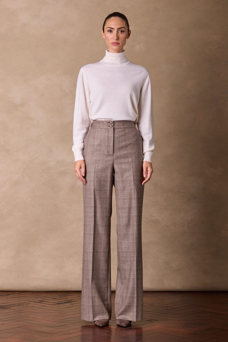 Sylvie Women's Brown Checkered Pants - Casual High Waist Trousers for Office, Travel & Everyday Wear