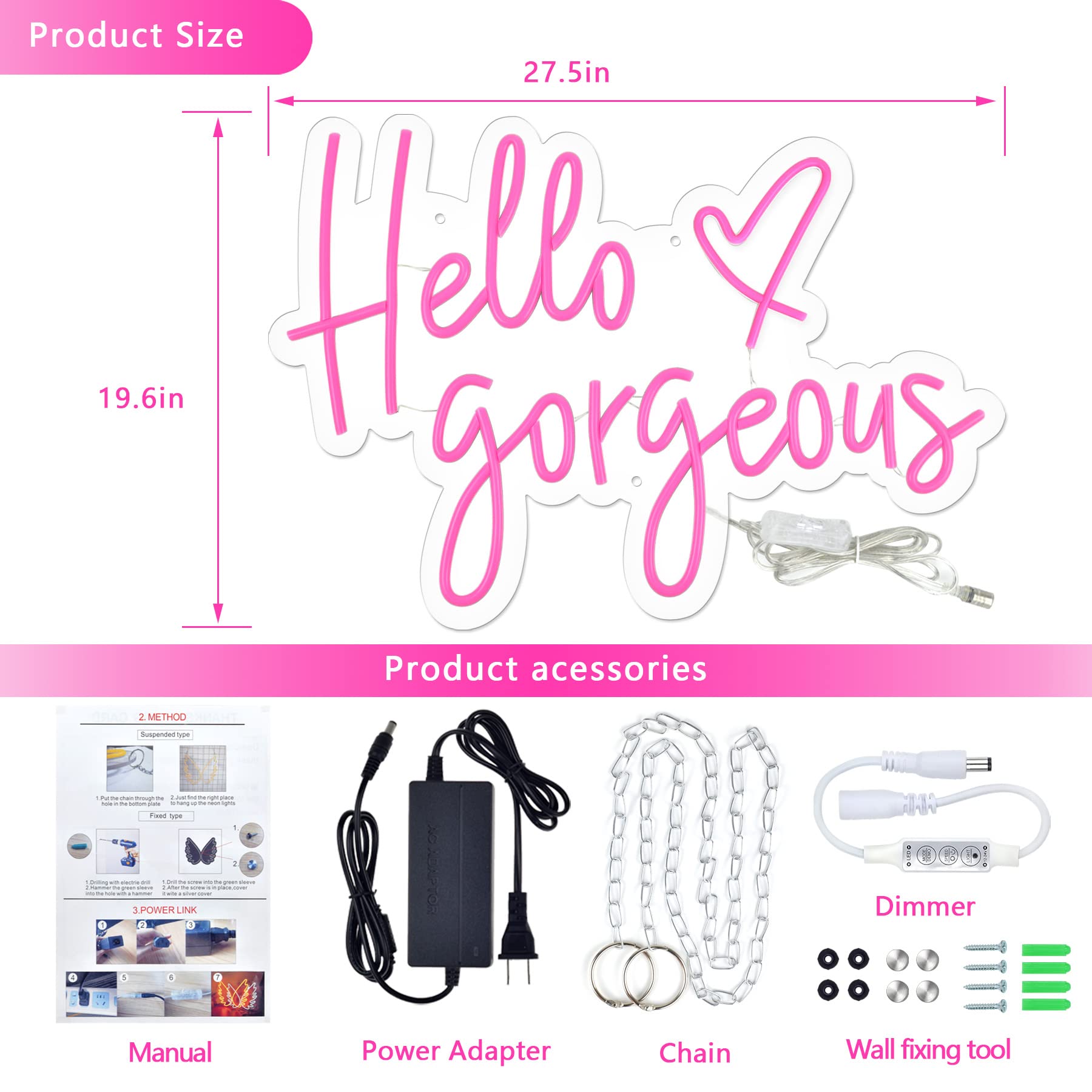 Large 28-inch Hello Gorgeous LED Neon Sign - Custom Wall Art Decor for Home, Bedroom, Wedding, Bar & Cafe | Perfect for Parties, Romantic Gifts & Business Lighting