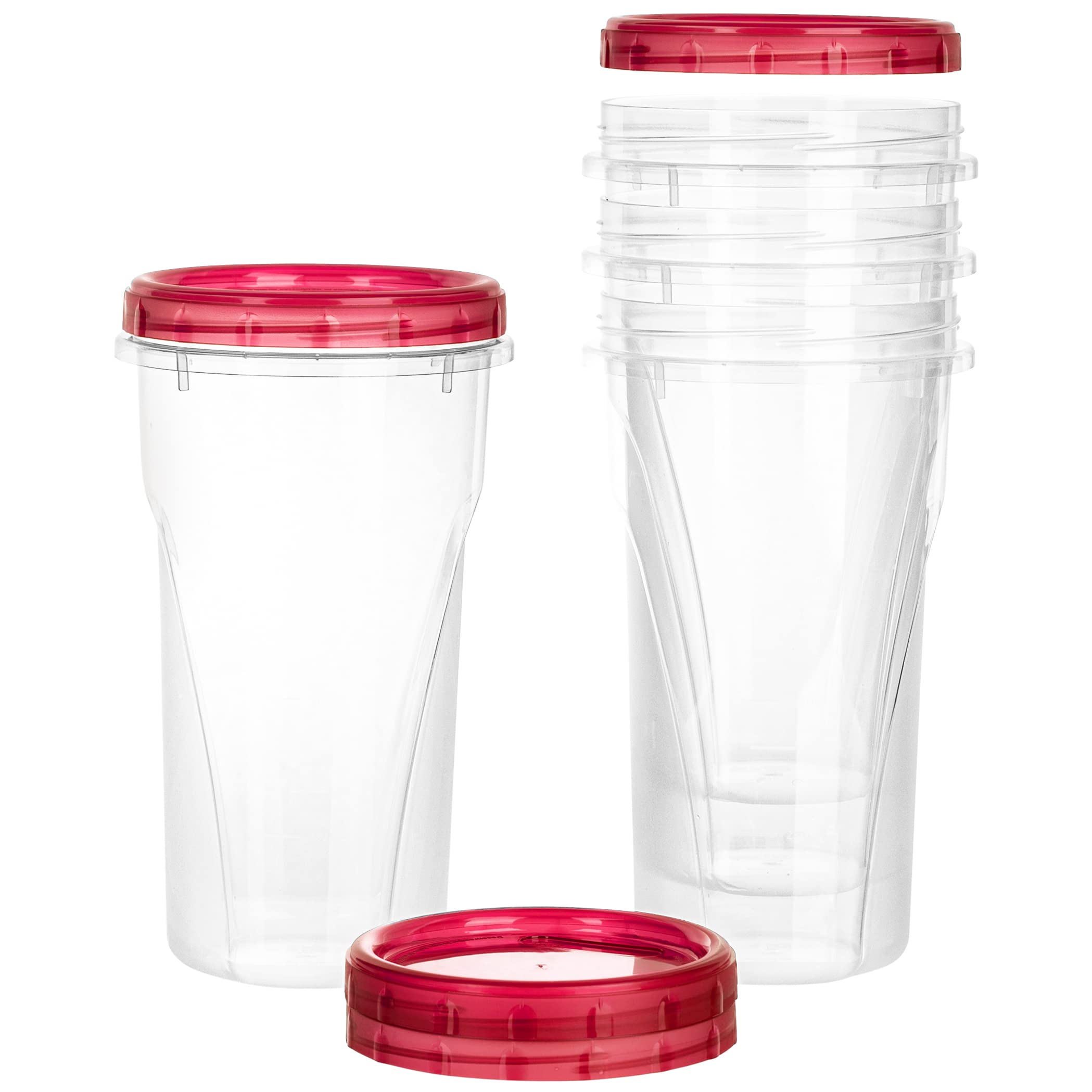 PLASTICPRO 48oz Clear Deli Containers with Red Twist-On Lids - Reusable, Stackable, BPA-Free Food Storage Containers for Meal Prep, Leftovers & Freezer (Pack of 4) | Perfect for Restaurants, Catering & Home Kitchen Organization