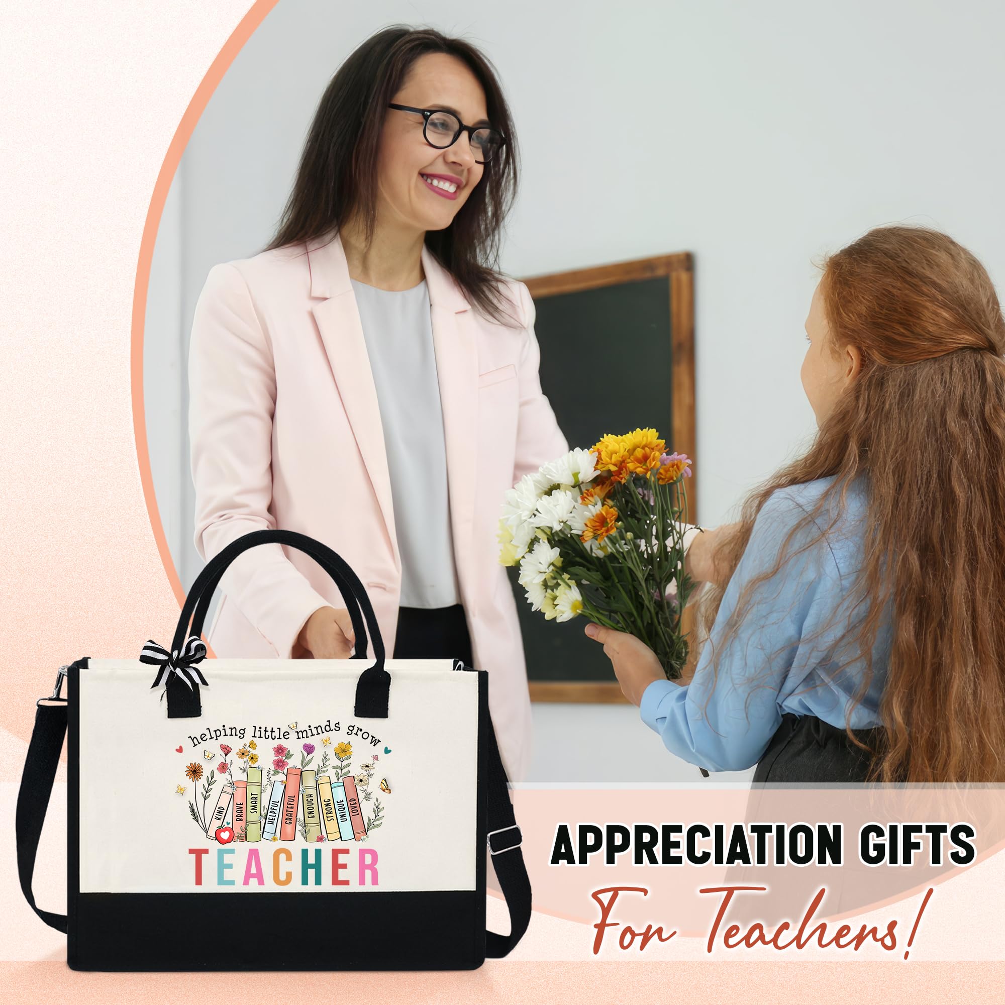 OASSIE Teacher Appreciation Gifts - 13oz Canvas Tote Bag with Zipper - Perfect Teacher's Day, Birthday & Thank You Gift for Women - Great for School, Work & Everyday Use