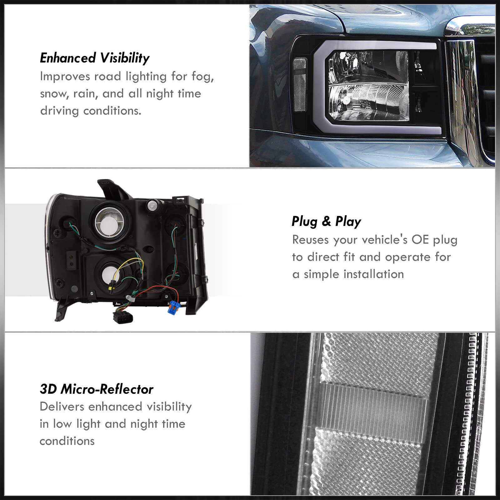 LED DRL Headlights for GMC Sierra 1500/2500HD/3500HD 2007-2014 - Black Housing, Clear Lens - Daytime Running Lights