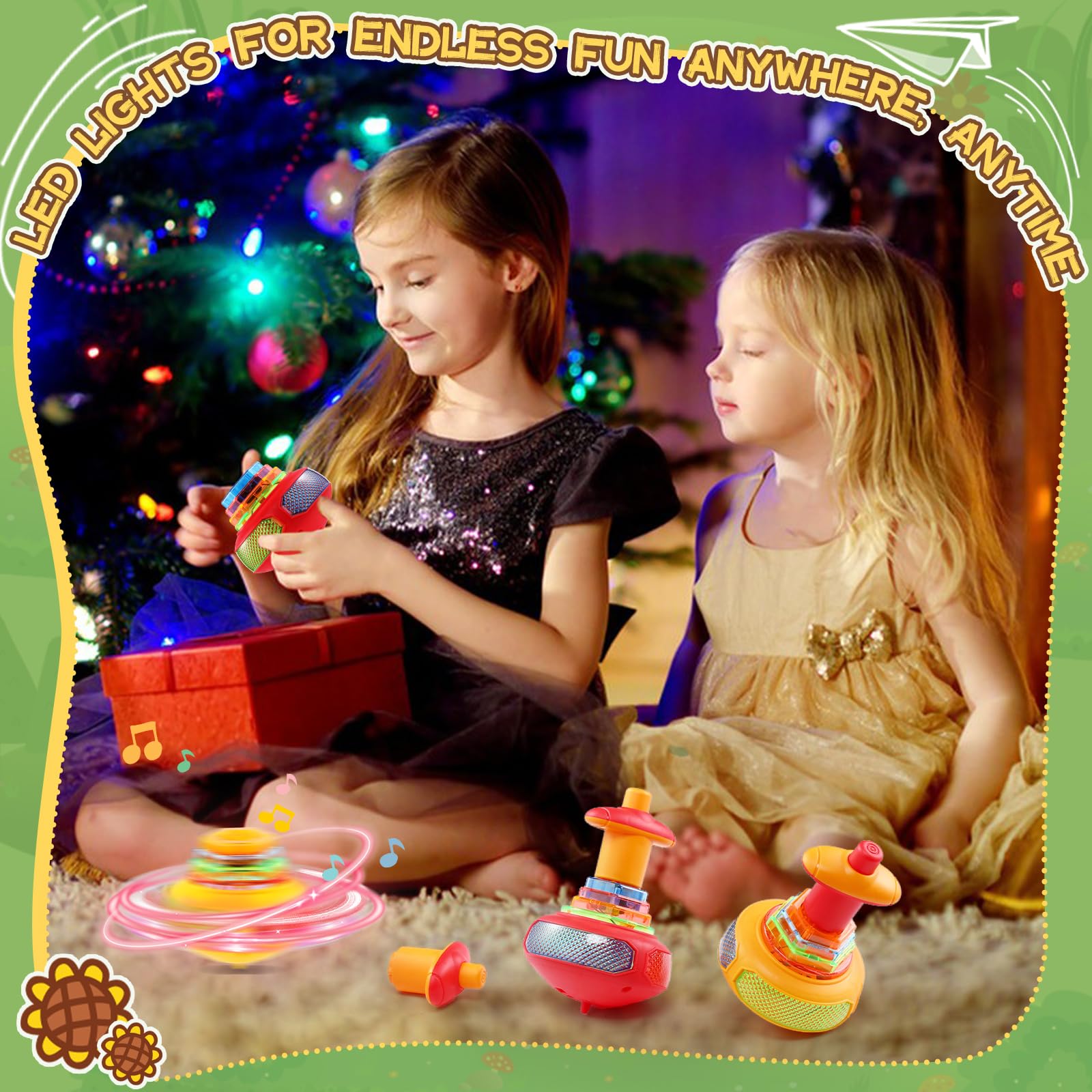 SCIONE 2-Pack LED Spinning Tops - Glow in The Dark Light Up Toys with Music for Kids, Perfect Birthday Gifts, Halloween Party Favors, Classroom Treasure Box Prizes & Christmas Stocking Stuffers for Boys and Girls
