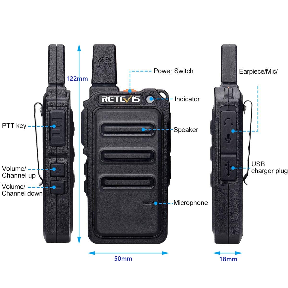Retevis RT19 Walkie Talkies 4 Pack - Long Range Two Way Radios with VOX Handsfree, 1300mAh Rechargeable Battery & Headset - Ideal for Family Outdoor Activities, Restaurants, Retail Stores, and Construction Sites